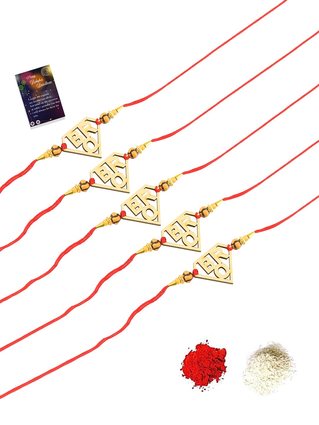 

Silver Shine 5 Rakhi with Roli Chawal and Greeting Card, Gold
