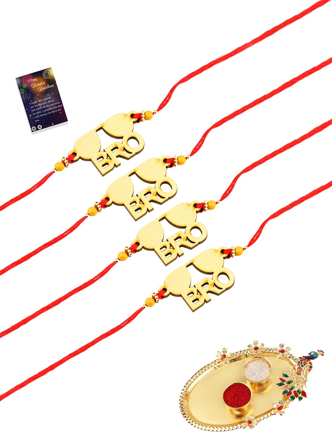 

EL REGALO Set of 4 Red & Gold-Toned Rakhi with Roli Chawal Pooja Thali & Greeting Card