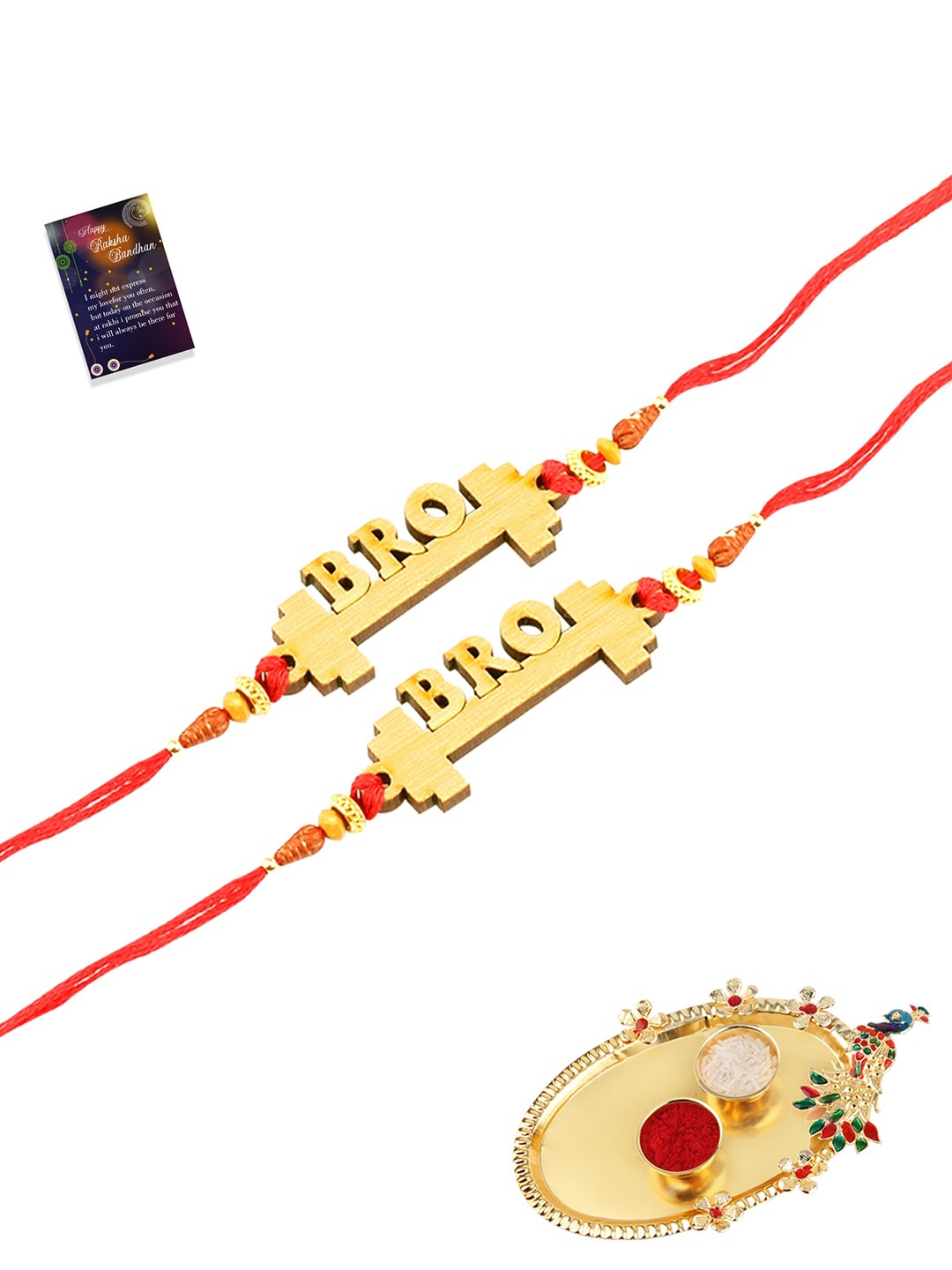

Silver Shine Set Of 2 Rakhi With Pooja Thali Roli Chawal And Greeting Card, Gold