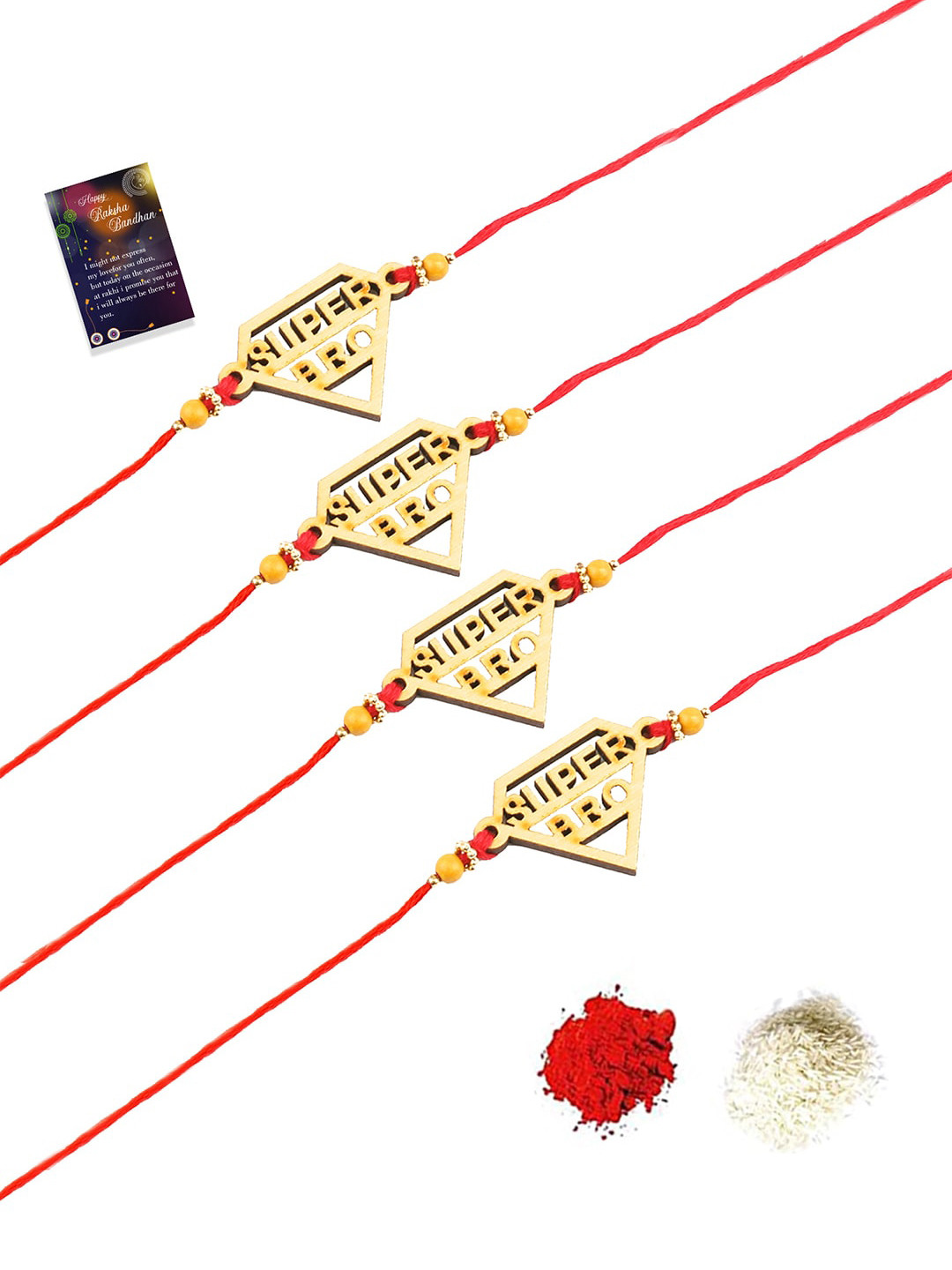 

Silver Shine Red & Gold-Toned 4 Pack Rakhi With Roli Chawal & Greeting Card
