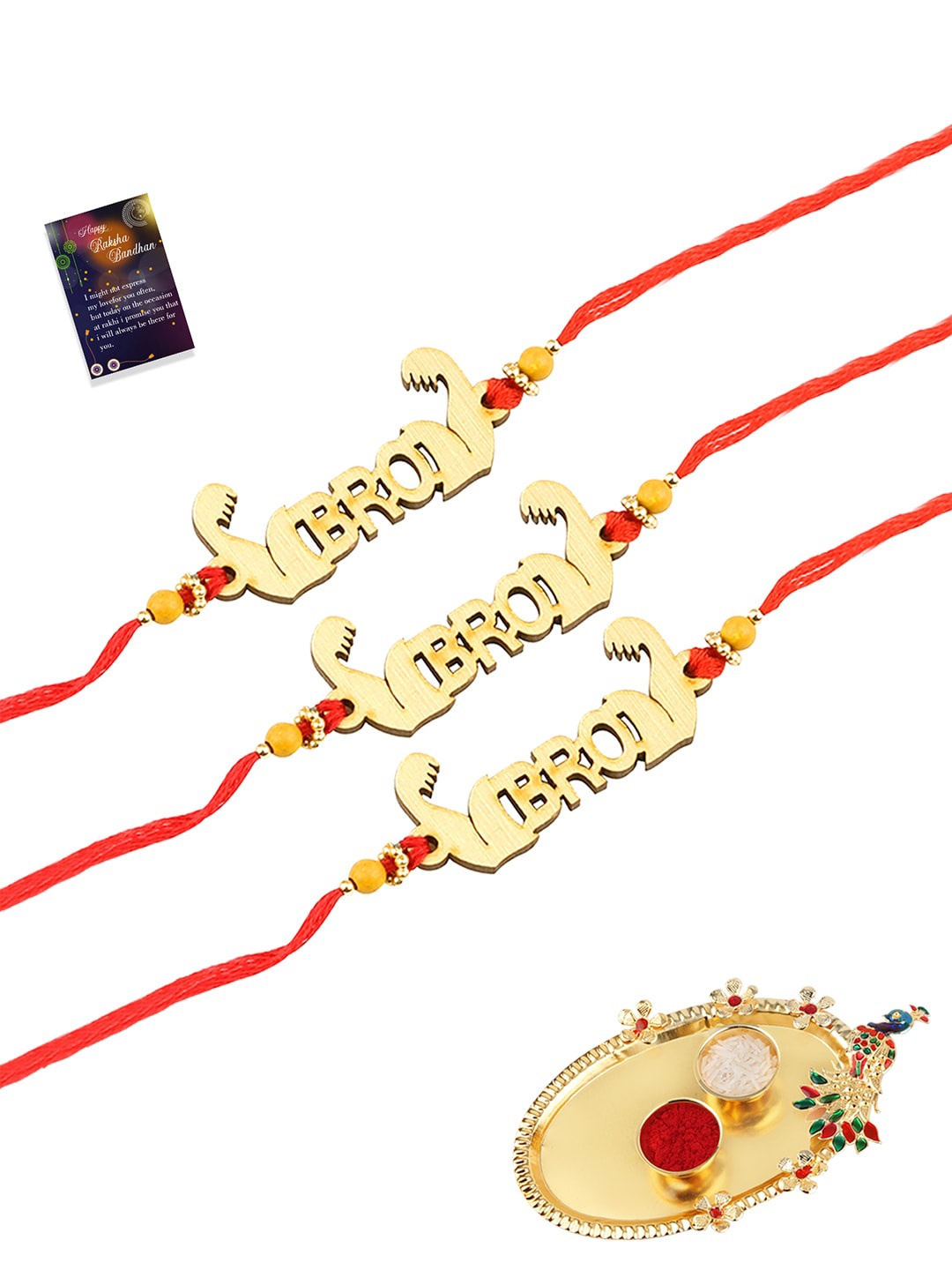 

Silver Shine Pack of 3 Rakhi With Pooja Thali Roli Chawal And Greeting Card, Red