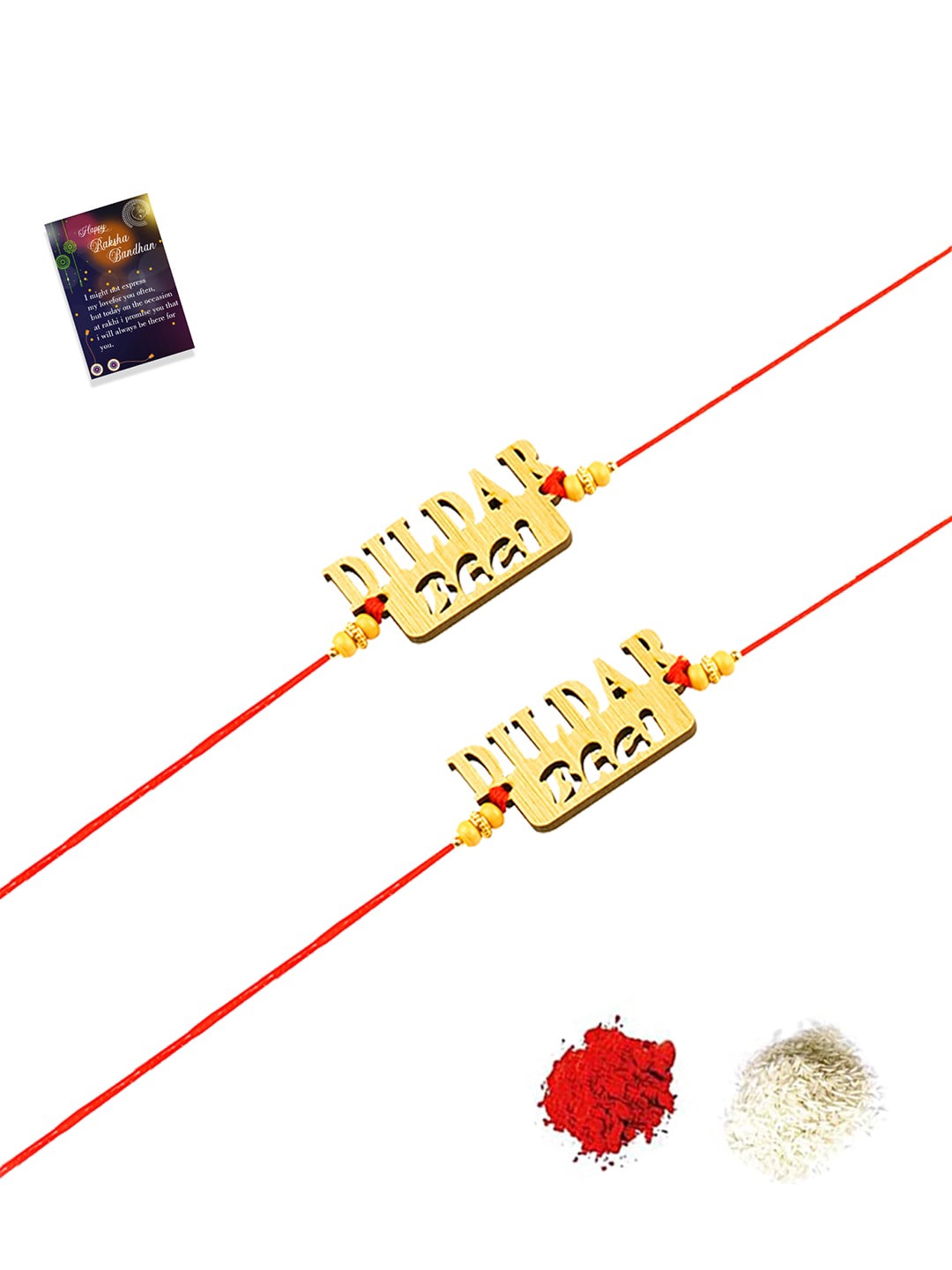 

Silver Shine Gold-Toned & Red 2 Rakhi With Roli Chawal & Greeting Card