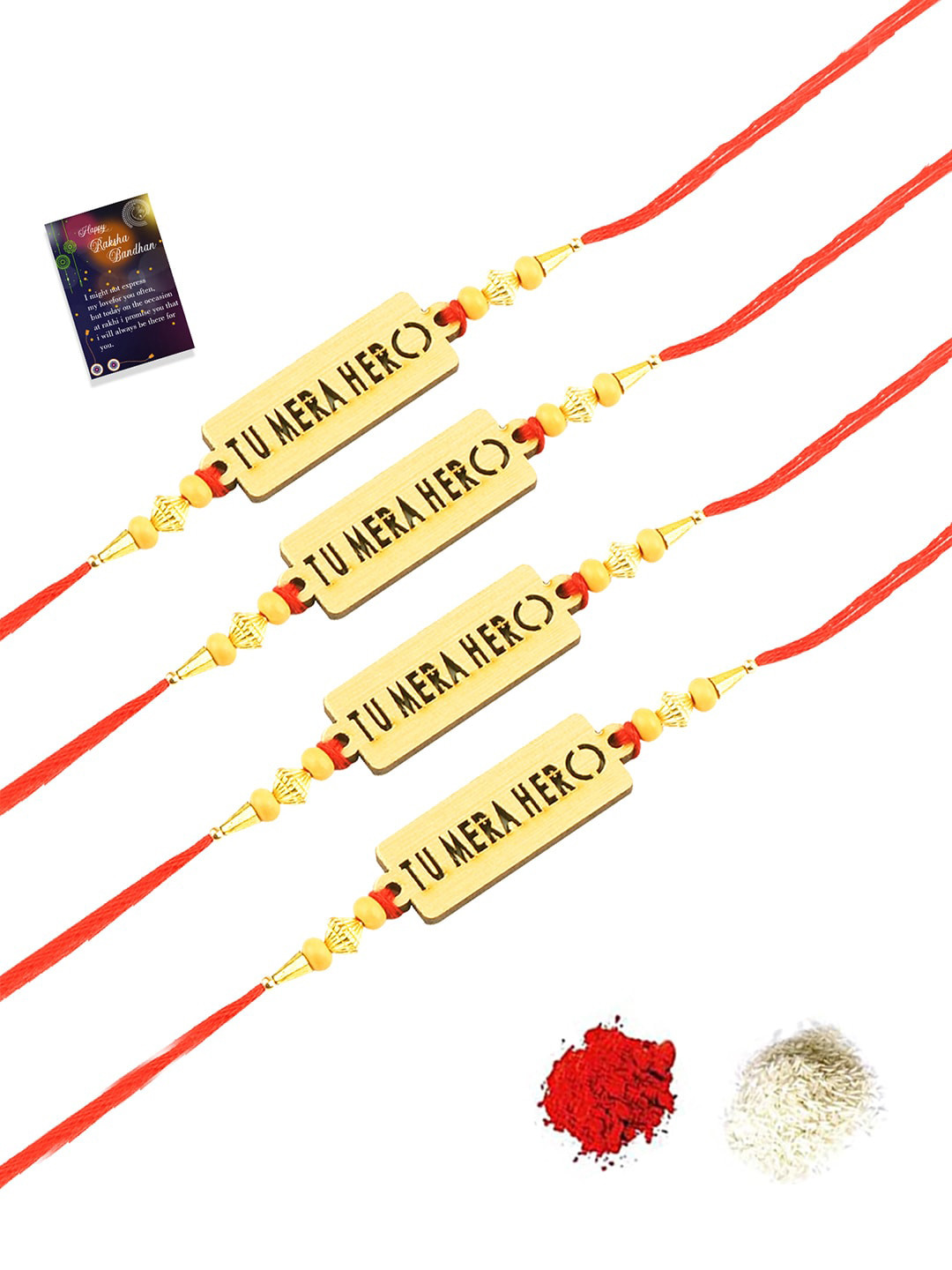 

Silver Shine Set Of 4 Rakhi With Roli Chawal and Greeting Card, Gold