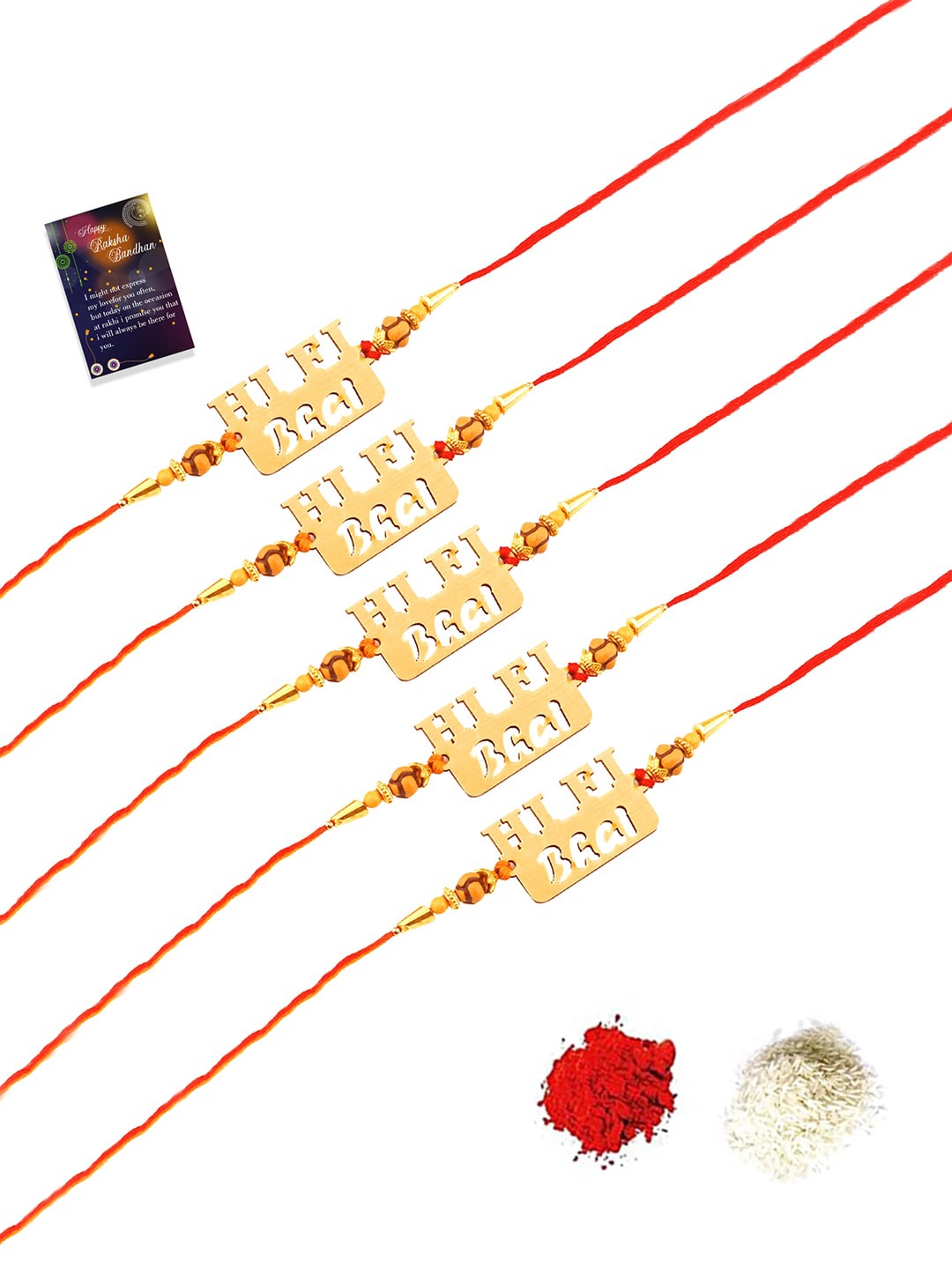 

Silver Shine Red & Gold-Toned 5 Rakhi With Roli Chawal & Greeting Card