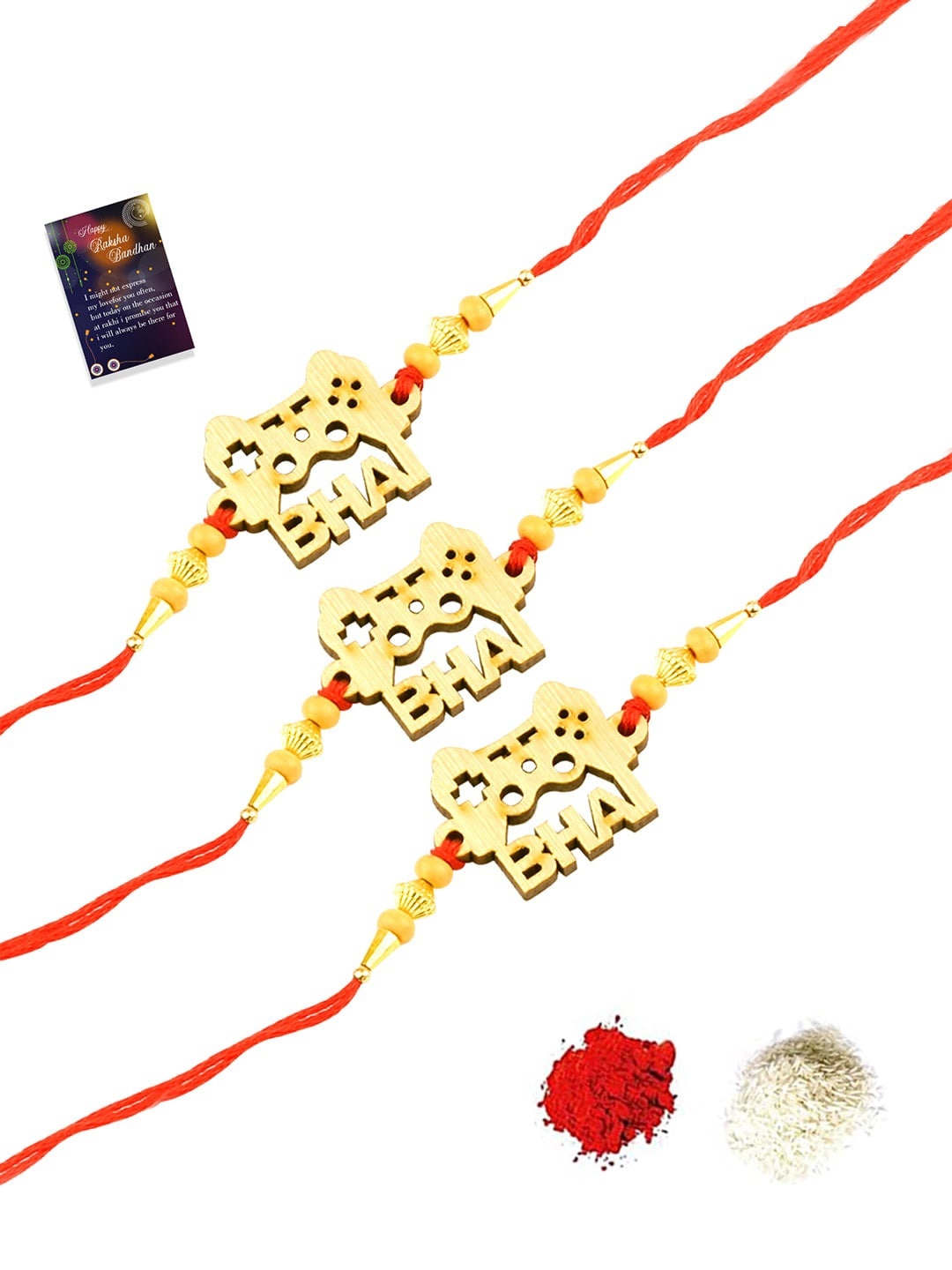 

Silver Shine Set Of 3 Rakhi With Roli Chawal & Greeting Card, Gold