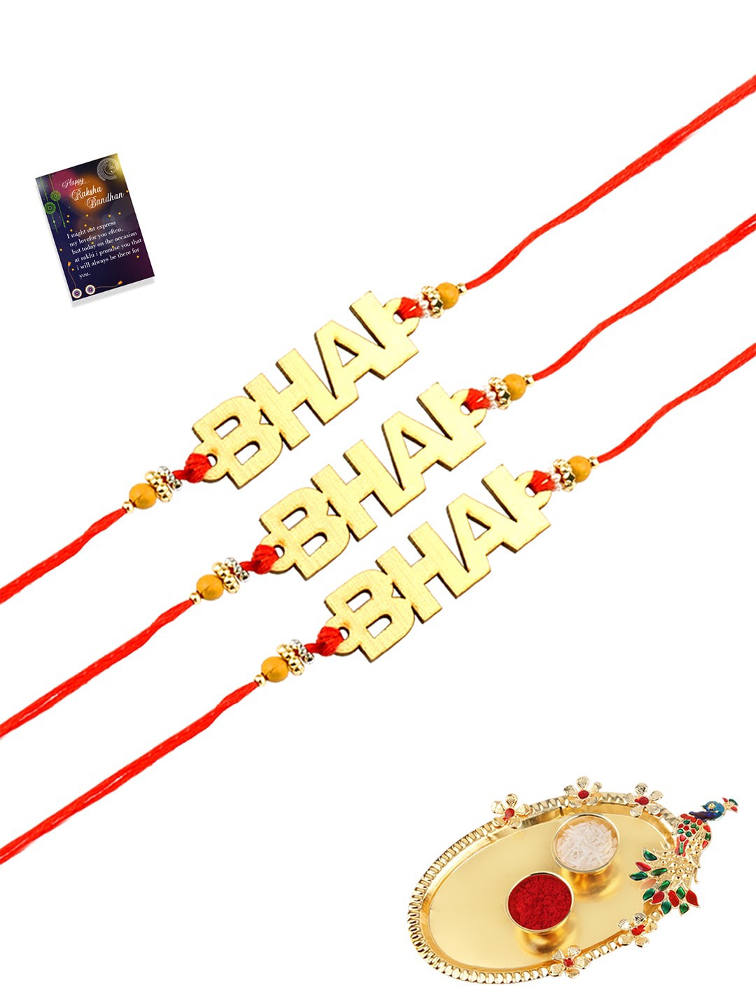 

Silver Shine Set of 3 Red & Gold-Toned Rakhi with Roli Chawal Pooja Thali & Greeting Card
