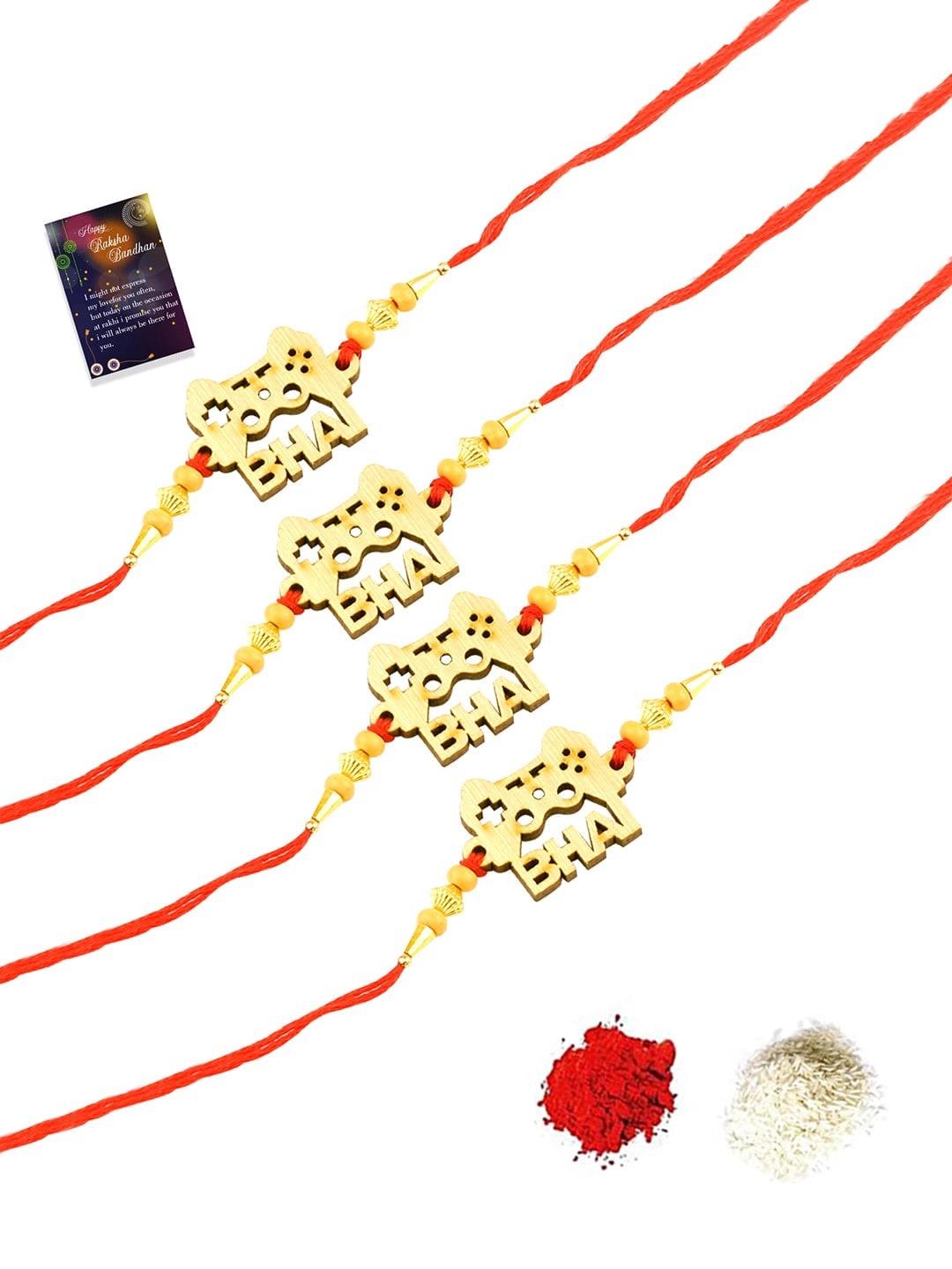 

Silver Shine 4 Rakhi with Roli Chawal and Greeting Card, Gold