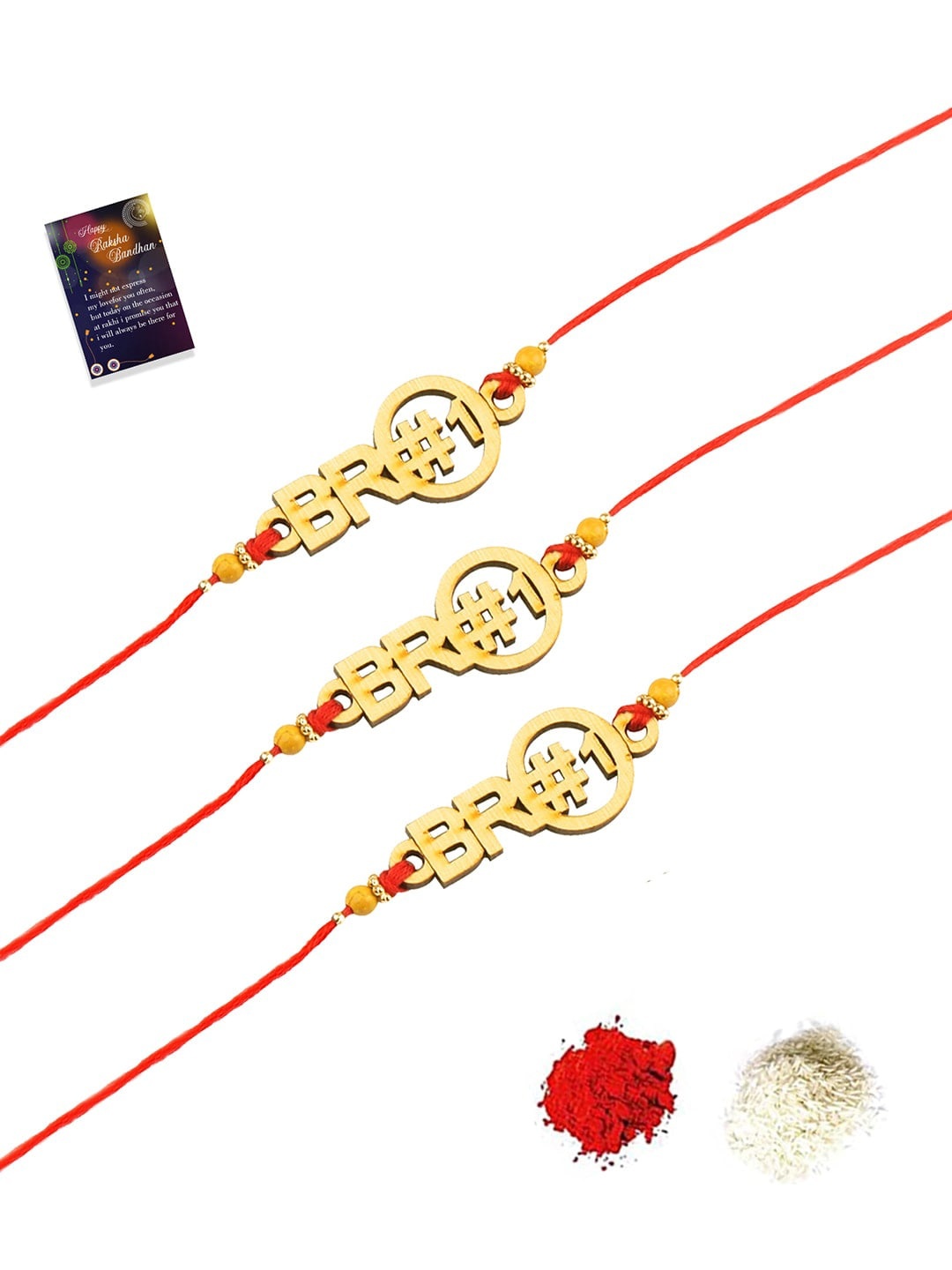 

Silver Shine Gold-Toned & Red Set Of 3 Rakhi With Roli Chawal & Greeting Card