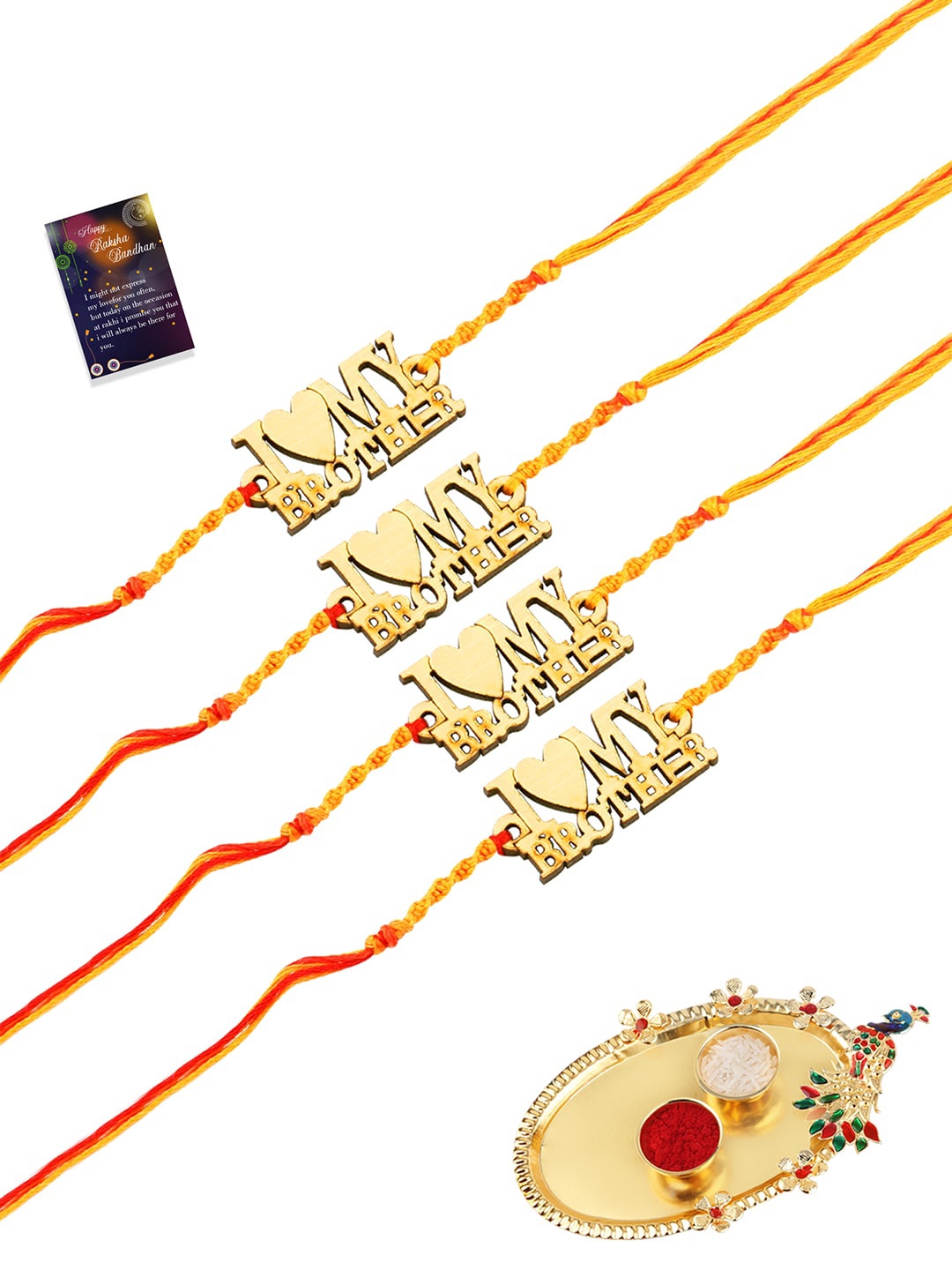 

Silver Shine 4 Rakhi with Pooja Thali Roli Chawal and Greeting Card, Gold