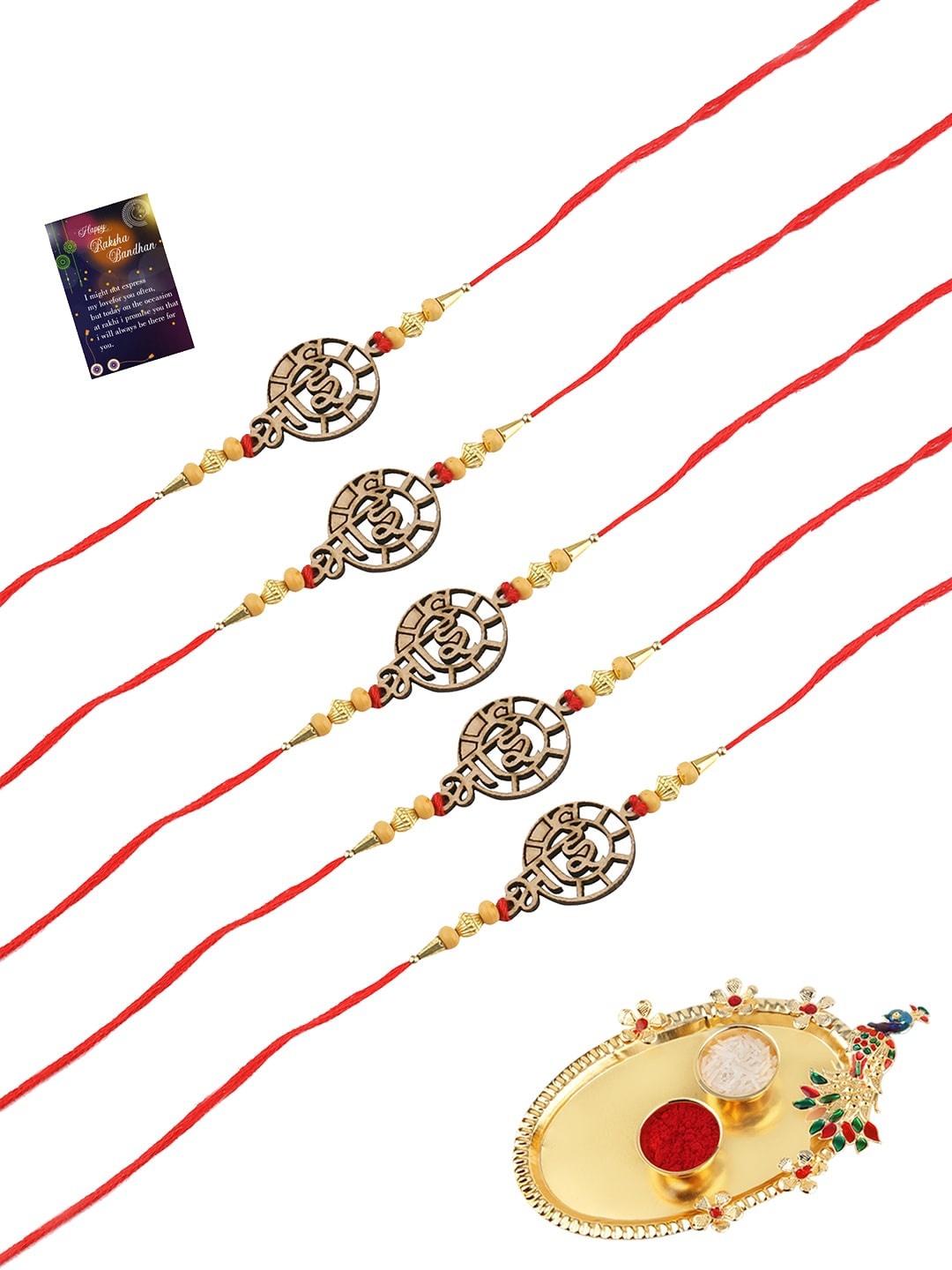 

Silver Shine Red & Gold-Toned 5 Rakhi With Pooja Thali Roli Chawal & Greeting Card