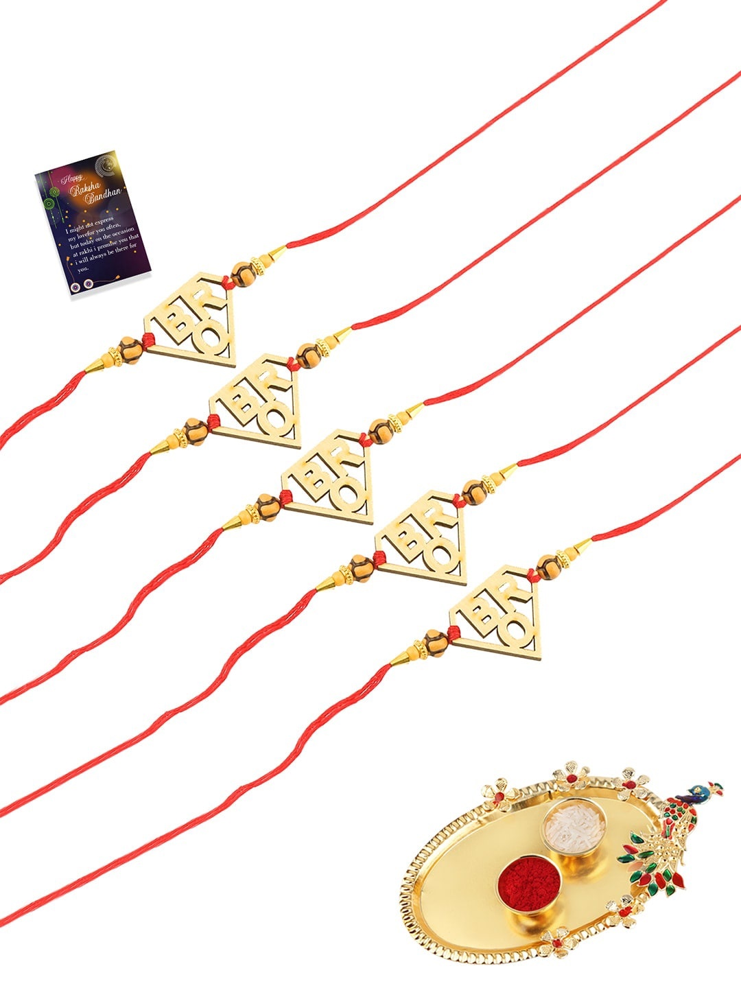 

Silver Shine 5 Rakhi With Pooja Thali Roli Chawal And Greeting Card, Red