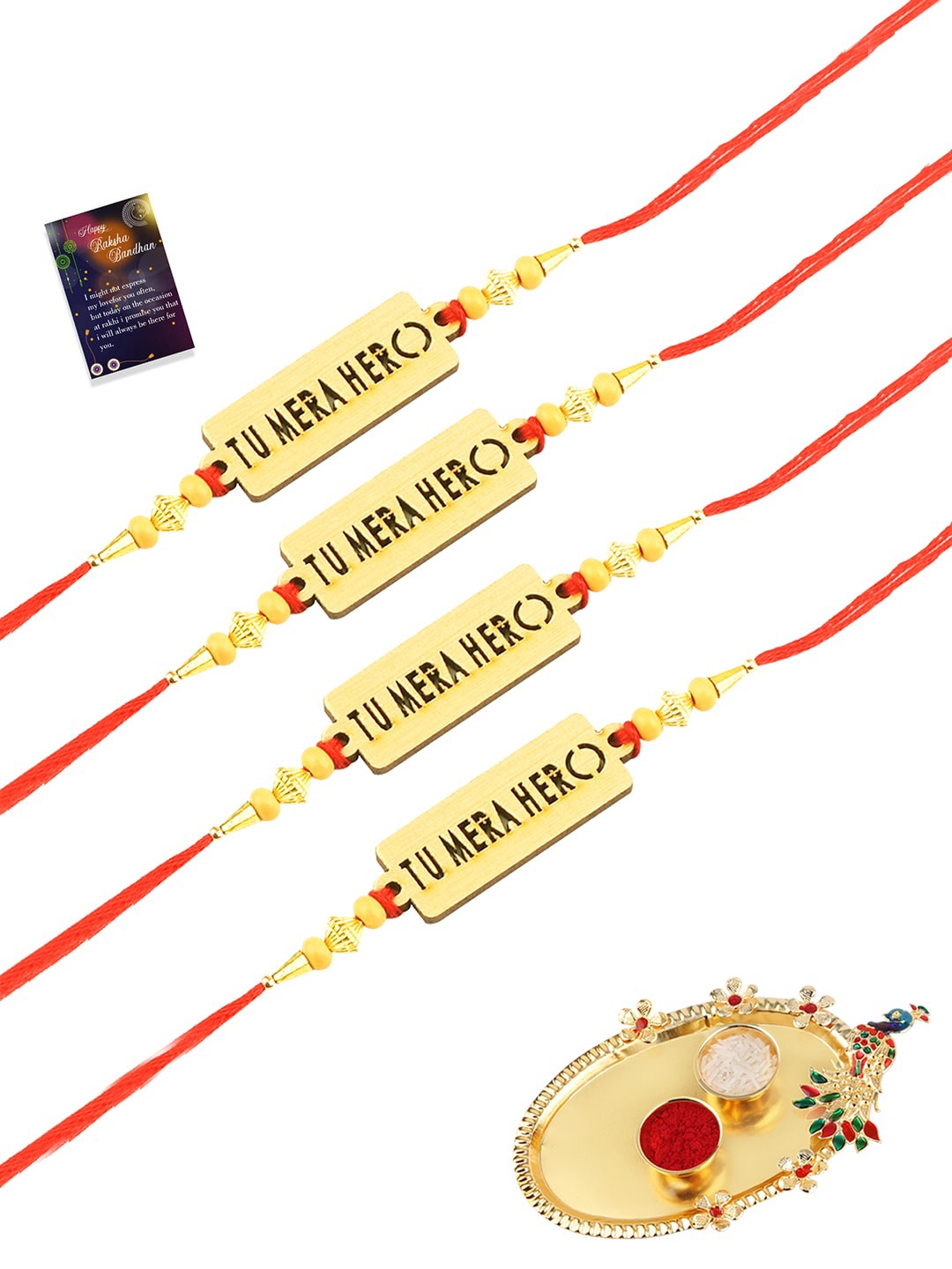 

Silver Shine 4 Rakhi With Pooja Thali Roli Chawal And Greeting Card, Gold