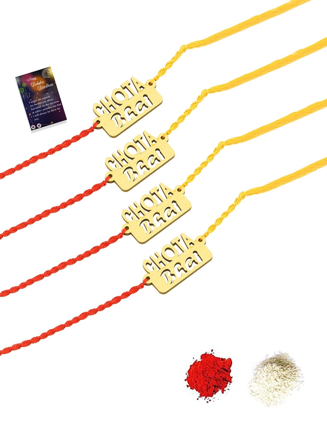 

Silver Shine 4 Rakhi with Roli Chawal and Greeting Card, Gold