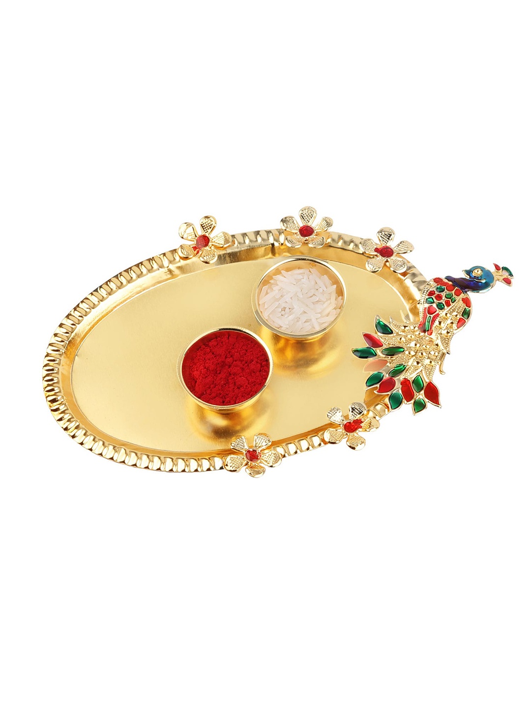 

Silver Shine gold Rakhi with Pooja Thali Roli Chawal & Greeting Card