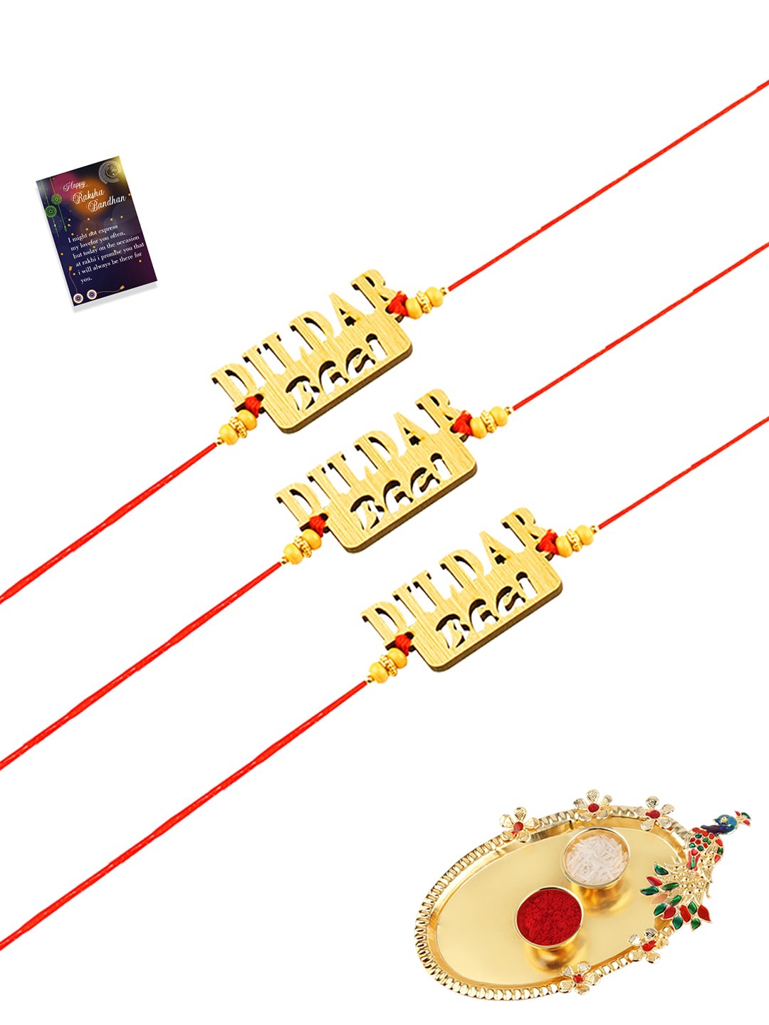 

Silver Shine Set of 3 Rakhi with Pooja Thali Roli Chawal & Greeting Card, Gold