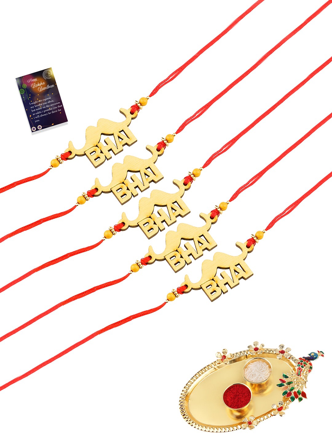 

Silver Shine Set Of 5 Rakhi with Pooja Thali Roli Chawal and Greeting Card, Gold
