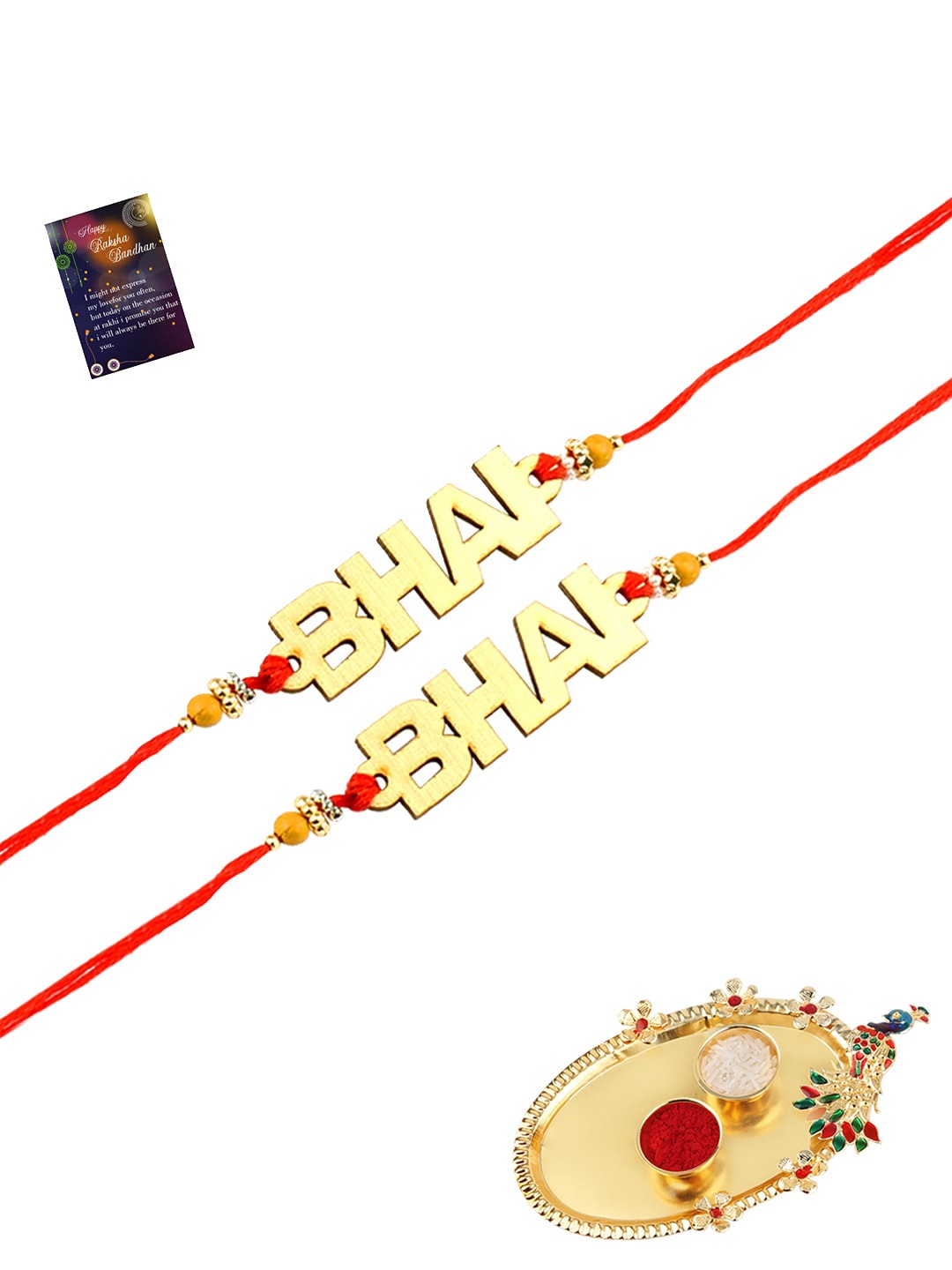 

Silver Shine Red & Gold-Toned 2 Rakhi With Pooja Thali Roli Chawal & Greeting Card