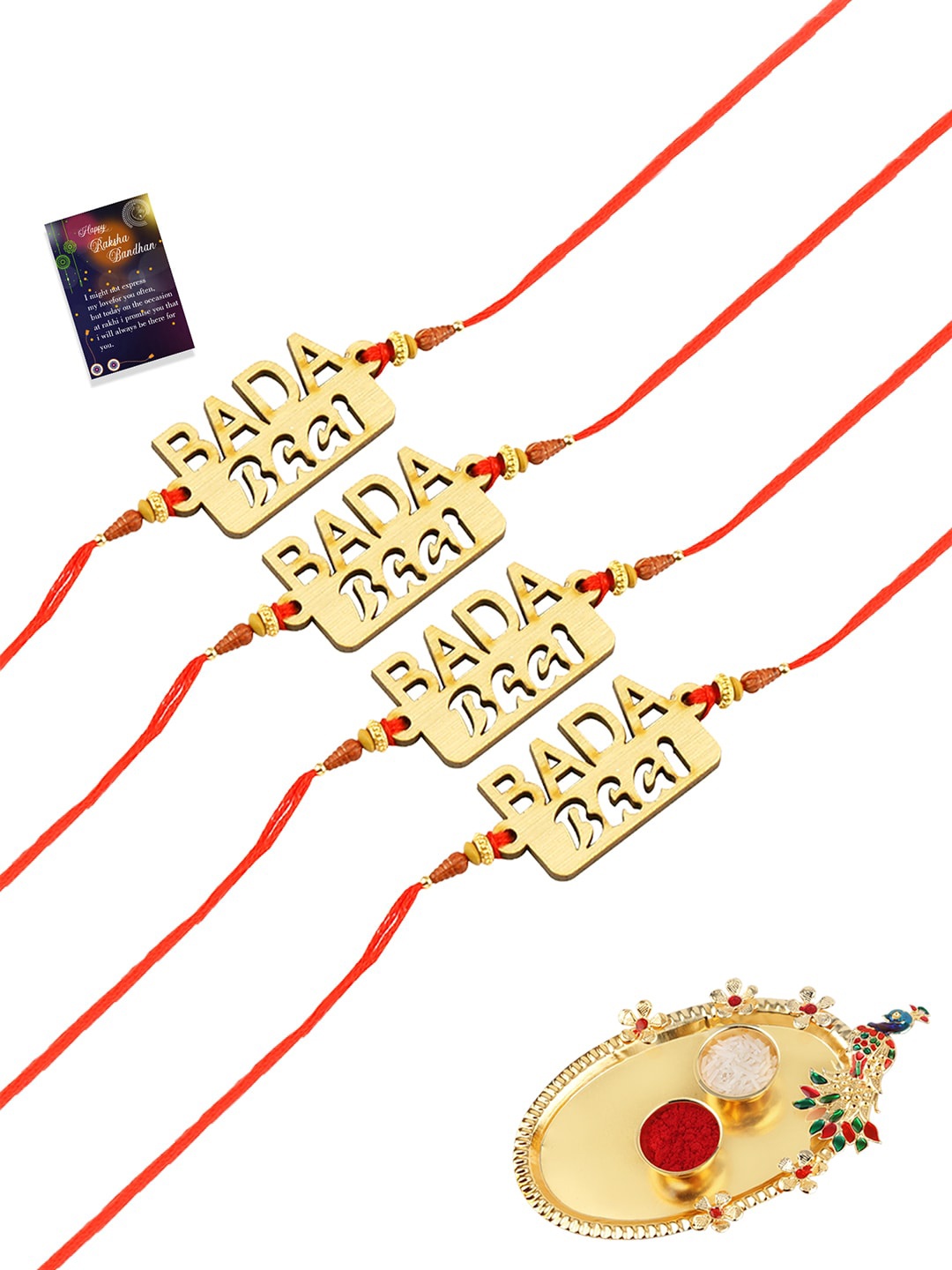 

Silver Shine Set Of 4 Orange & Gold Rakhi With Pooja Thali Roli Chawal And Greeting Card
