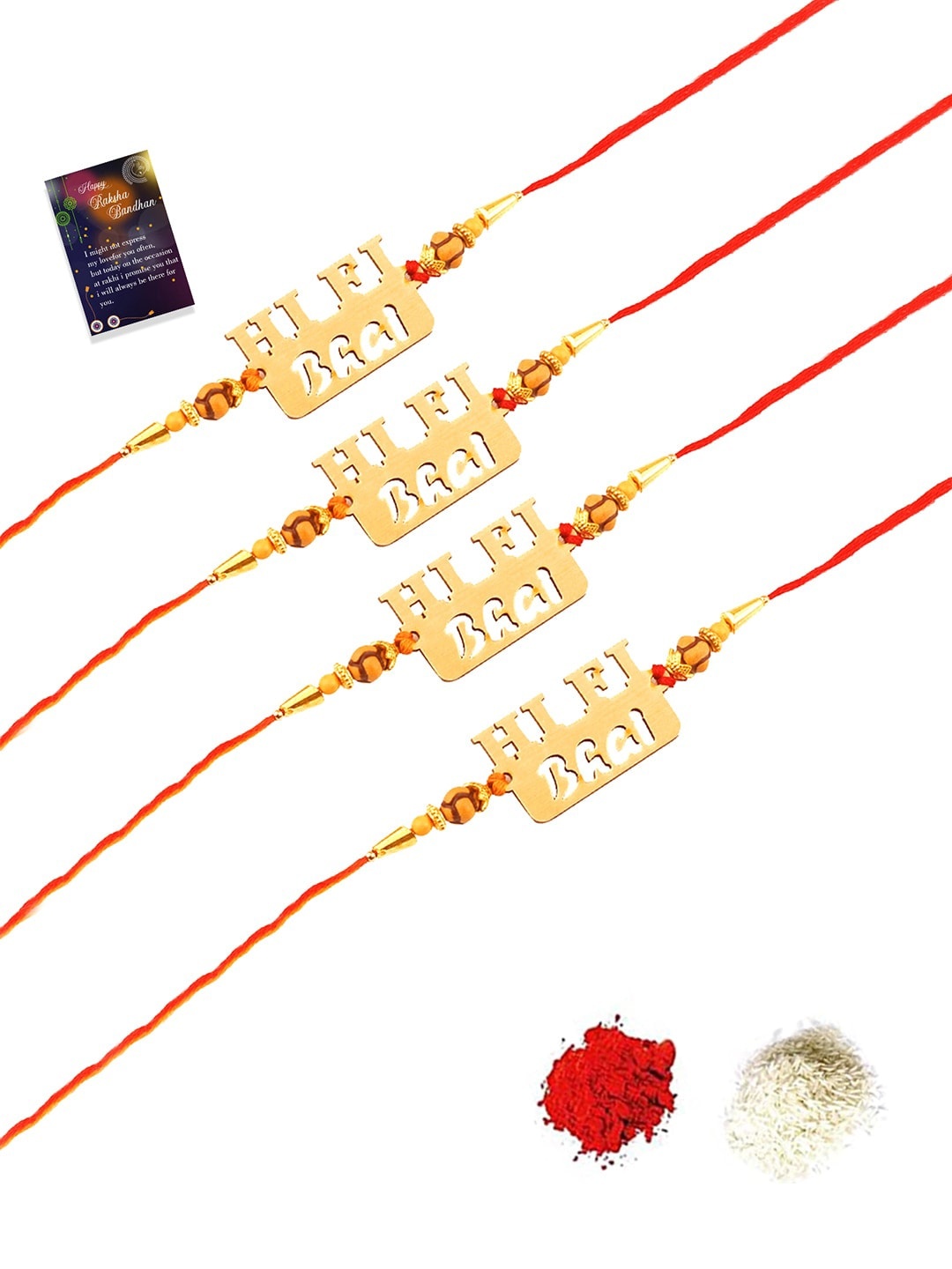 

Silver Shine Gold-Toned & Red 4 Rakhi With Roli Chawal & Greeting Card