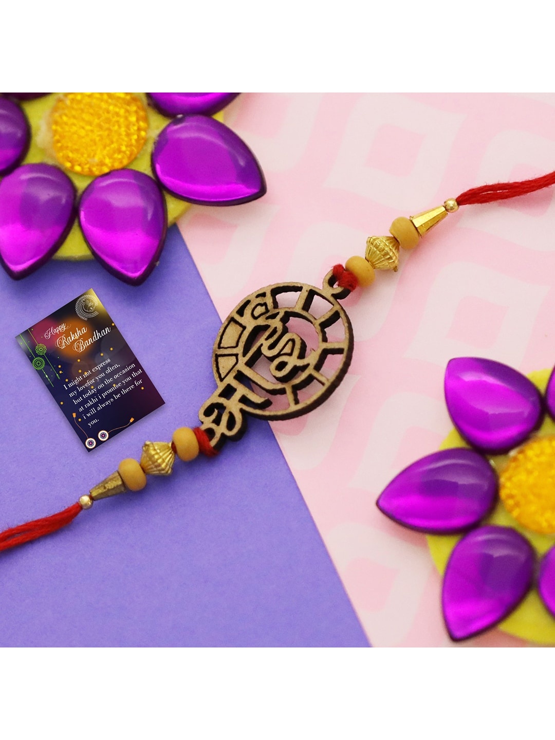 

Silver Shine Gold-Toned & Red Bhaiya Rakhi With Roli Chawal & Greeting Card