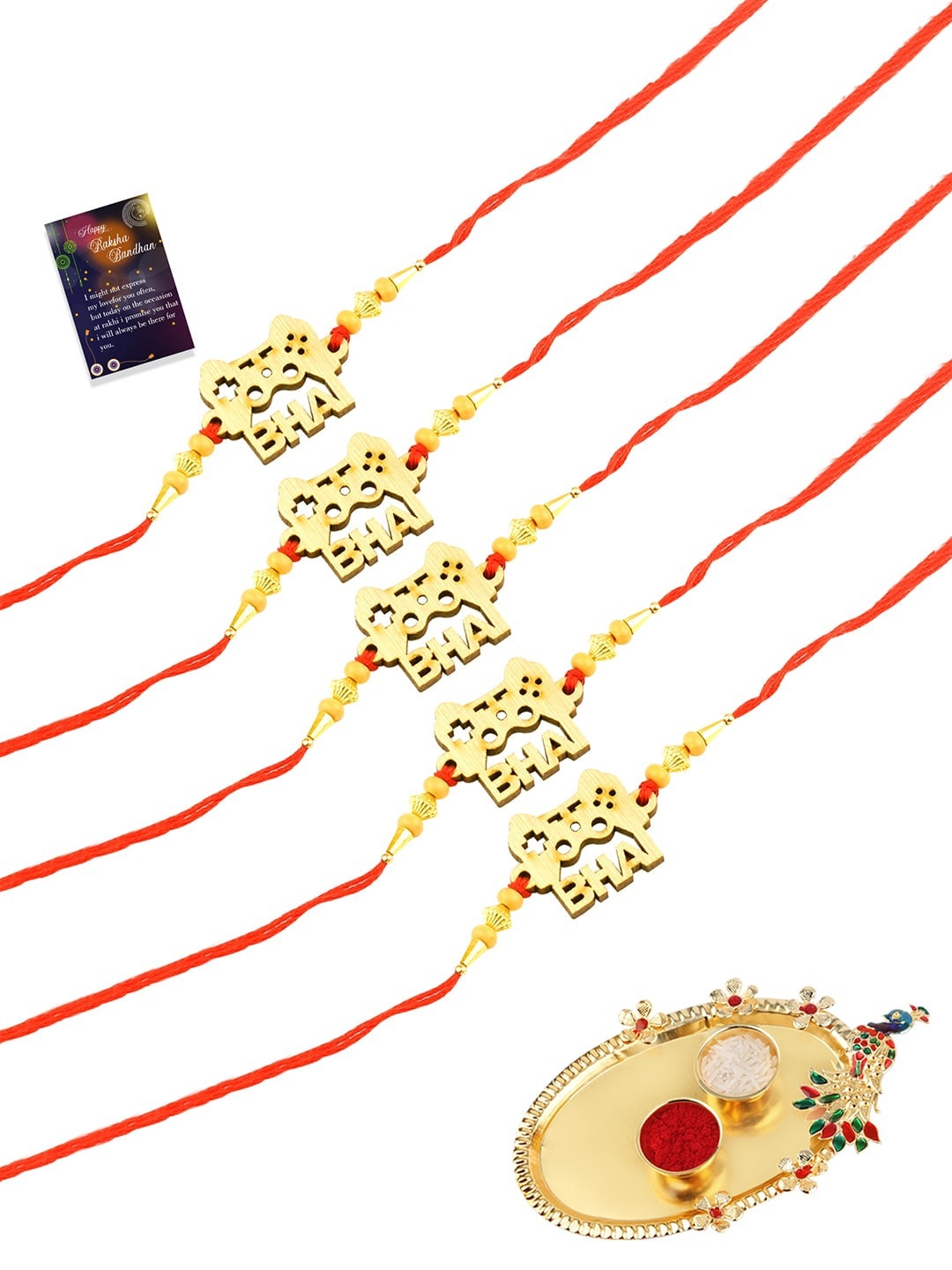 

Silver Shine Gold & Red Set Of 5 Rakhi With Pooja Thali Roli Chawal And Greeting Card