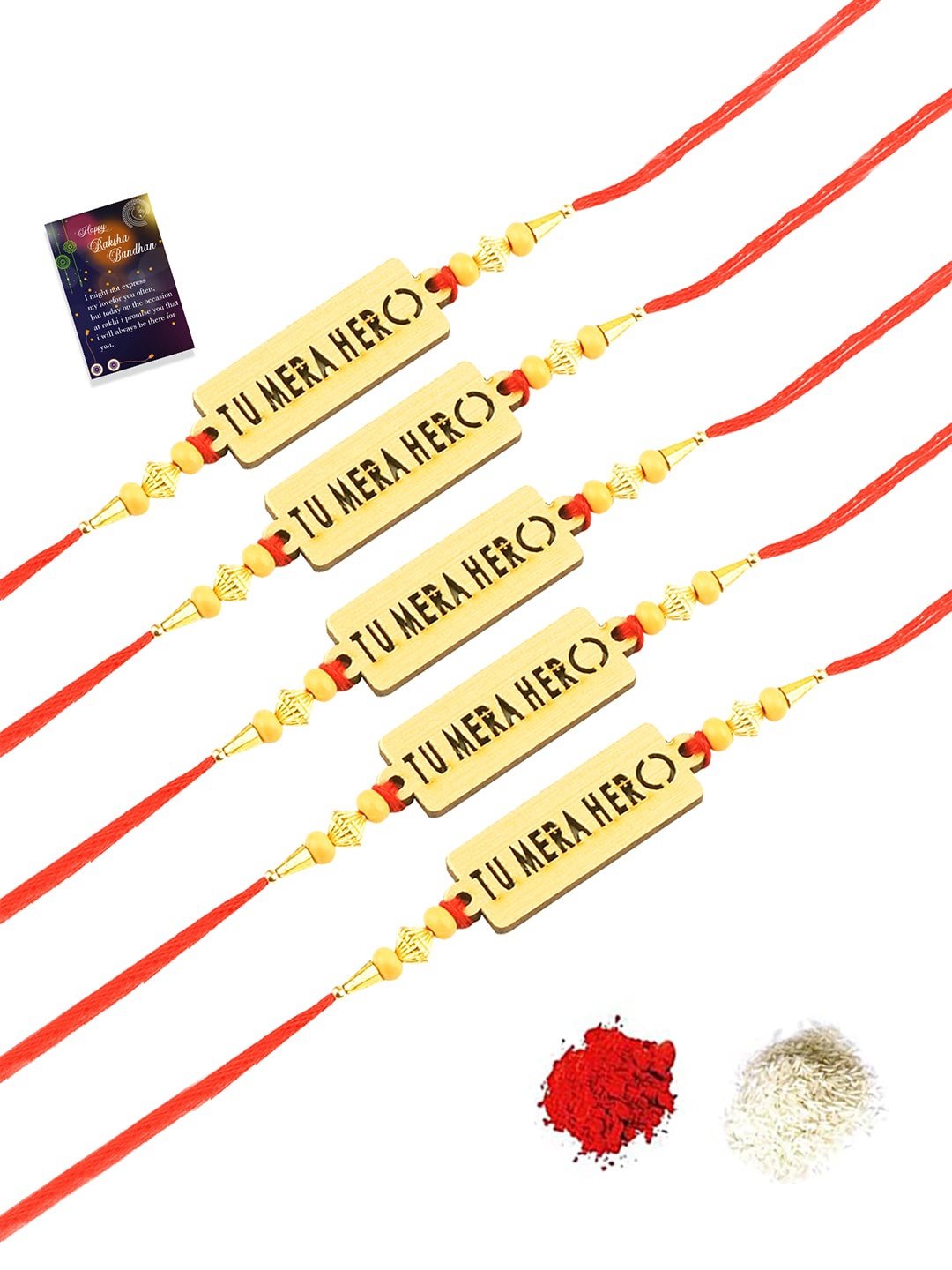 

Silver Shine 5 Rakhi with Roli Chawal and Greeting Card, Gold