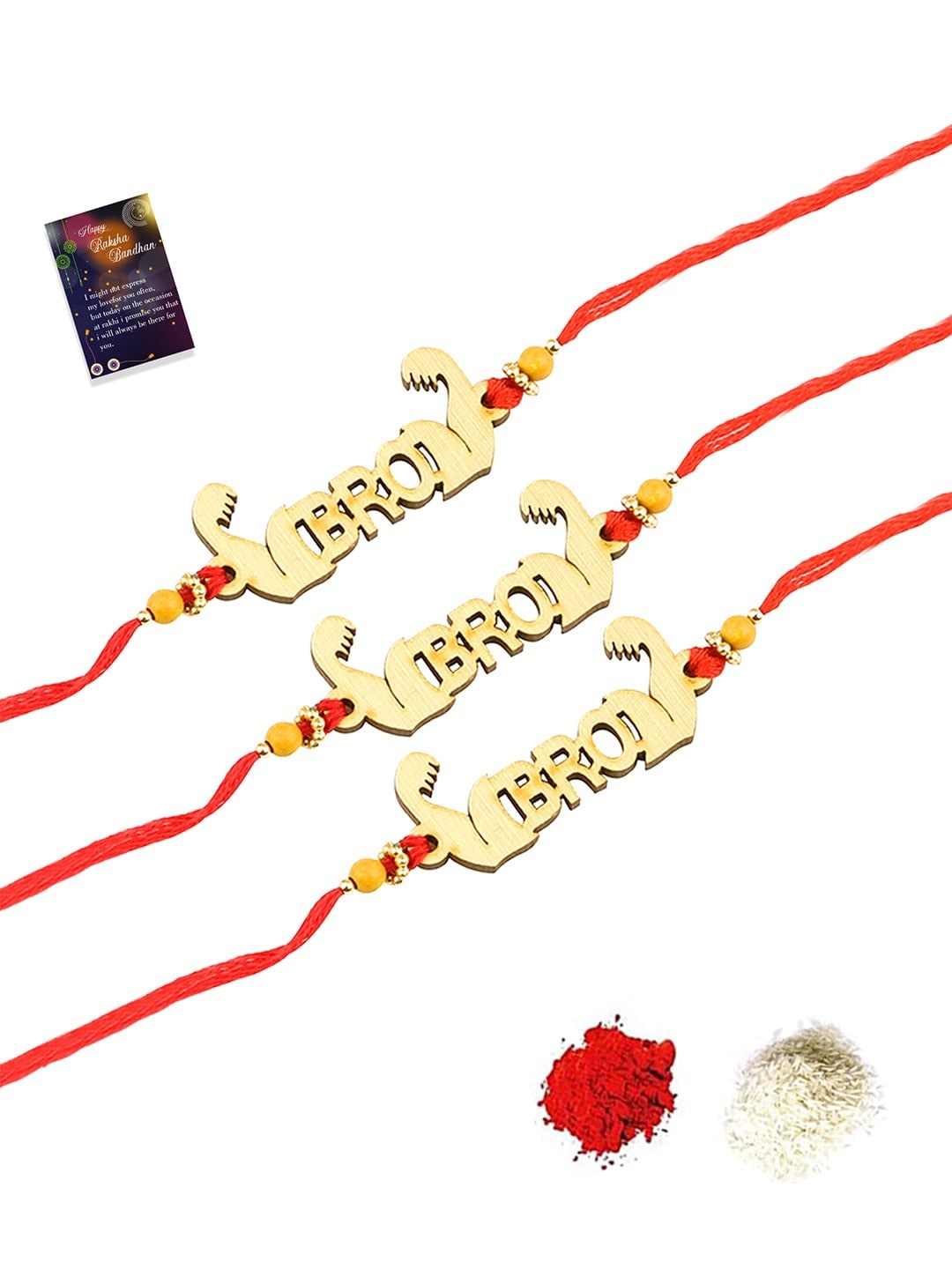 

Silver Shine Red & Gold-Toned 3 Rakhi With Roli Chawal & Greeting Card