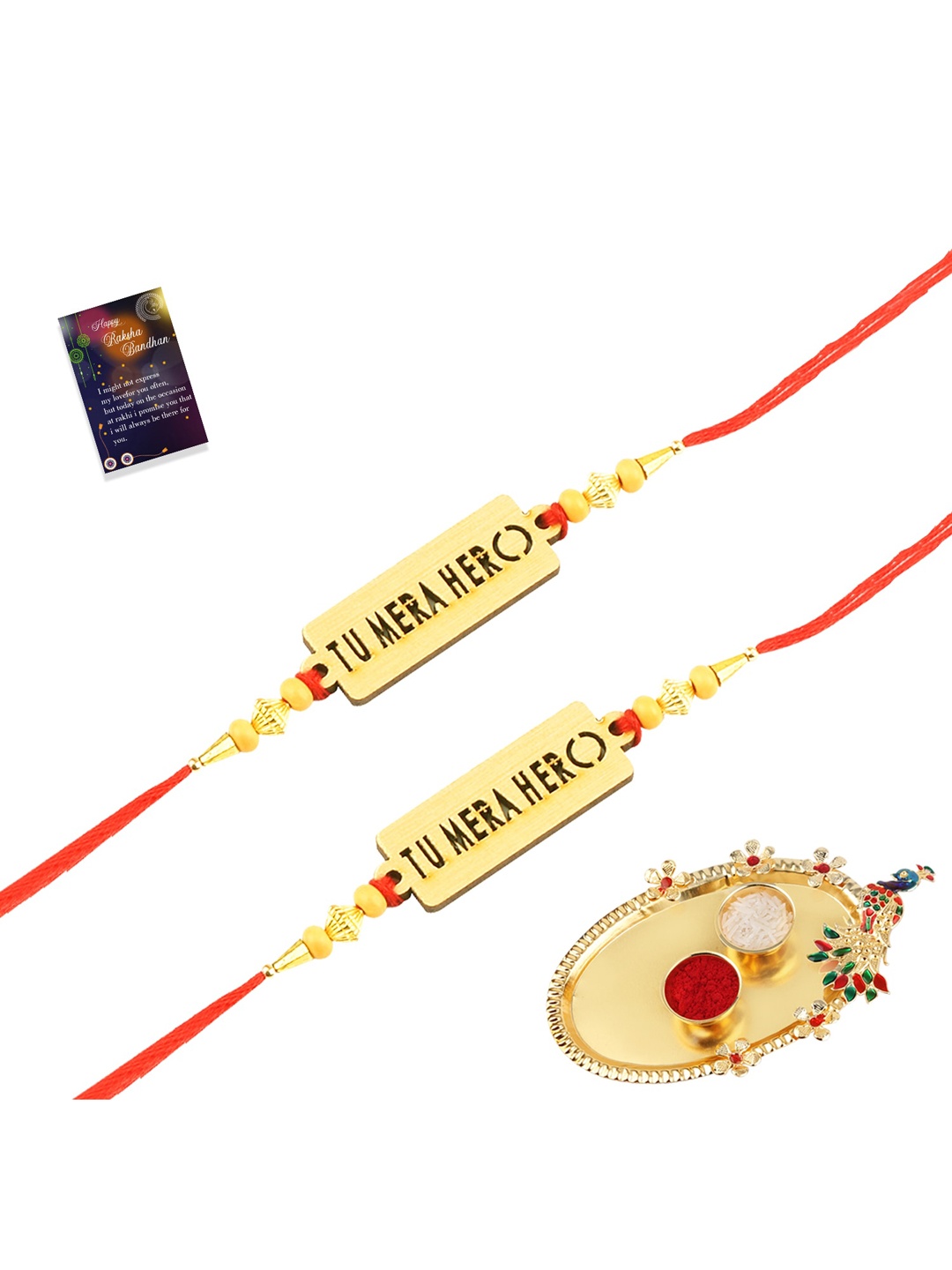 

Silver Shine Set Of 2 Red & Gold Rakhi With Pooja Thali Roli Chawal And Greeting Card
