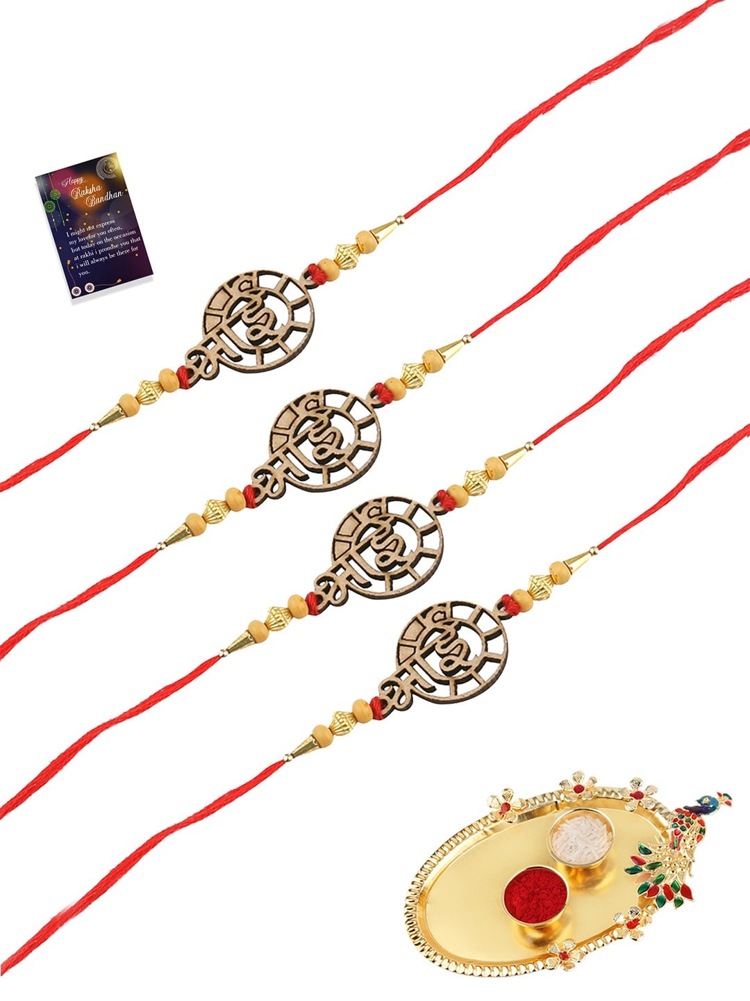 

Silver Shine 3 Rakhi With Pooja Thali Roli Chawal And Greeting Card, Gold