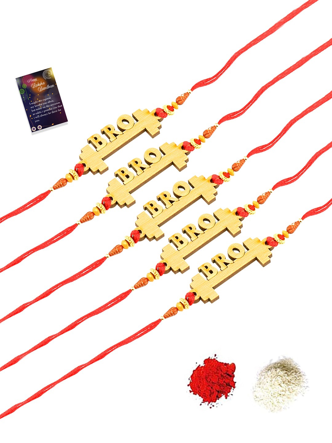 

Silver Shine Set of 5 Rakhi With Roli Chawal And Greeting Card, Gold