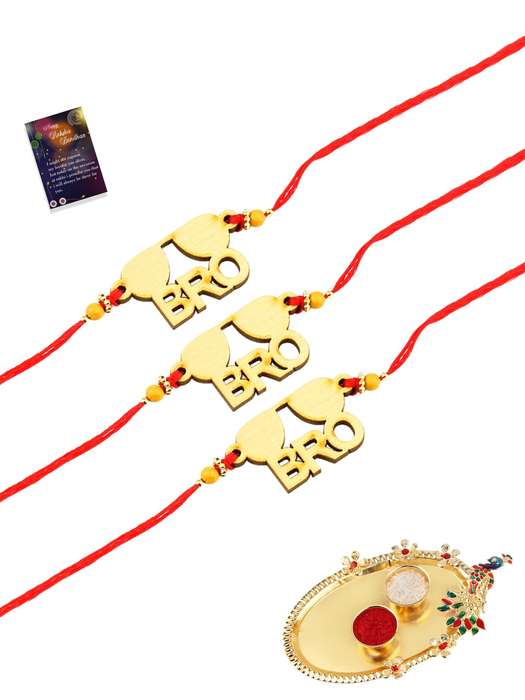

Silver Shine 3 Rakhi with Pooja Thali Roli Chawal and Greeting Card, Gold