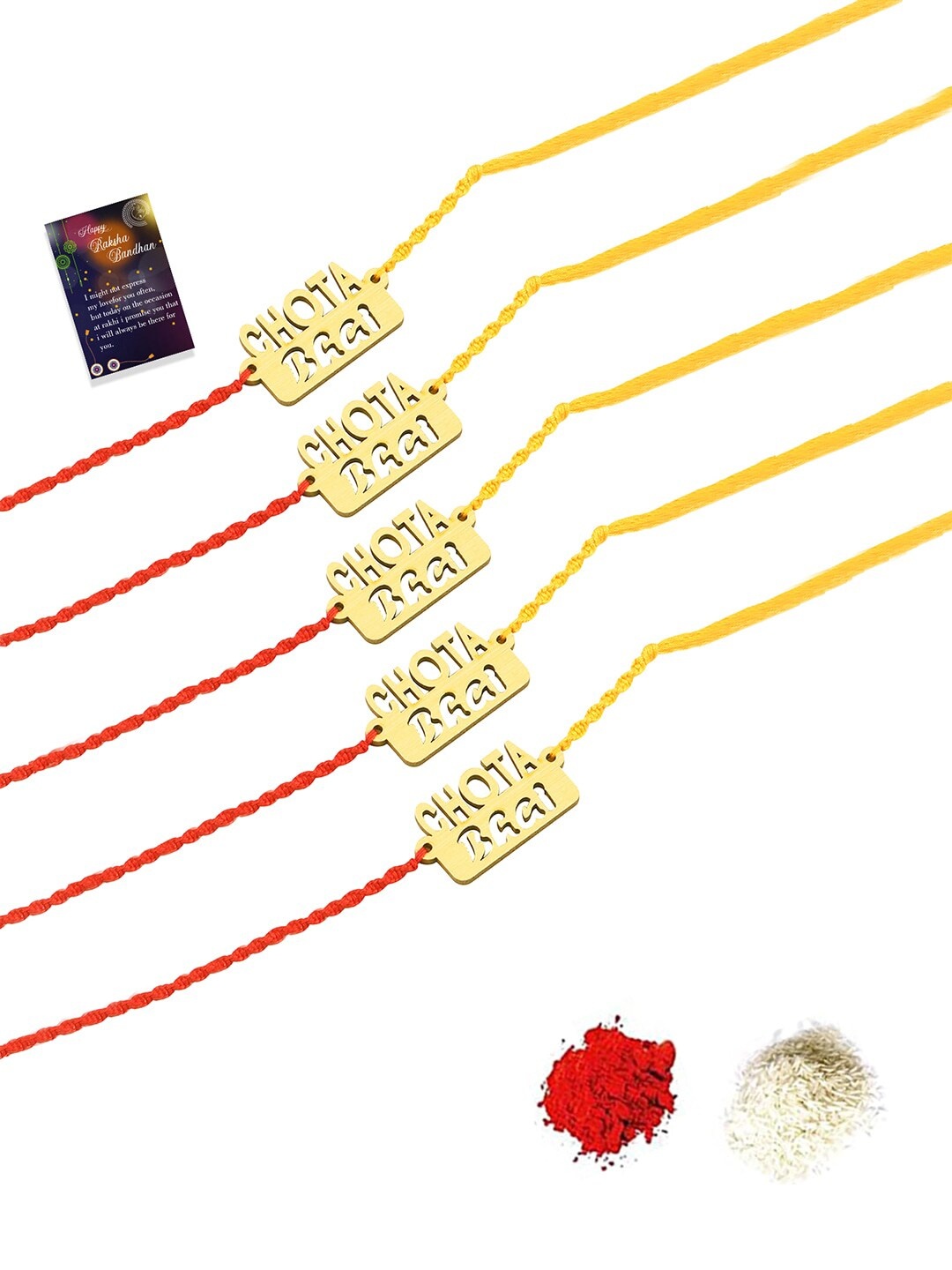 

Silver Shine 5 Rakhi With Roli Chawal And greeting Card, Red