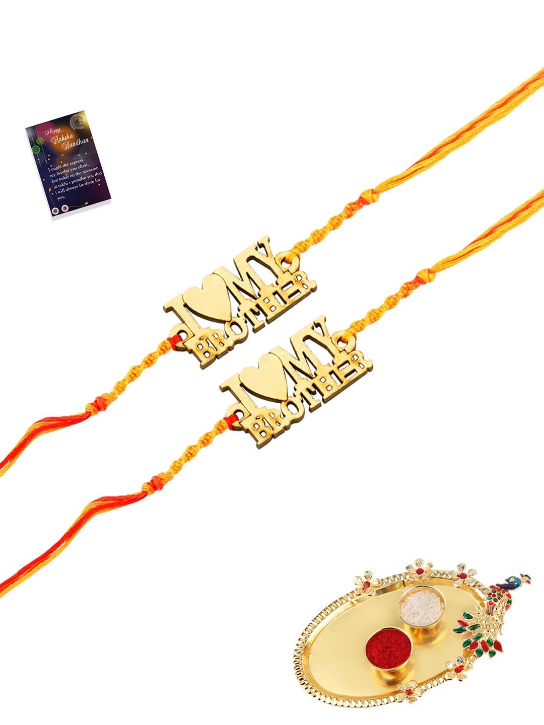 

Silver Shine 2 Rakhi With Pooja Thali Roli Chawal And Greeting Card, Gold