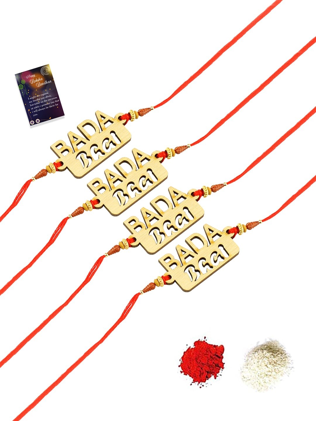 

Silver Shine Set Of 4 Rakhi With Roli Chawal and Greeting Card, Gold