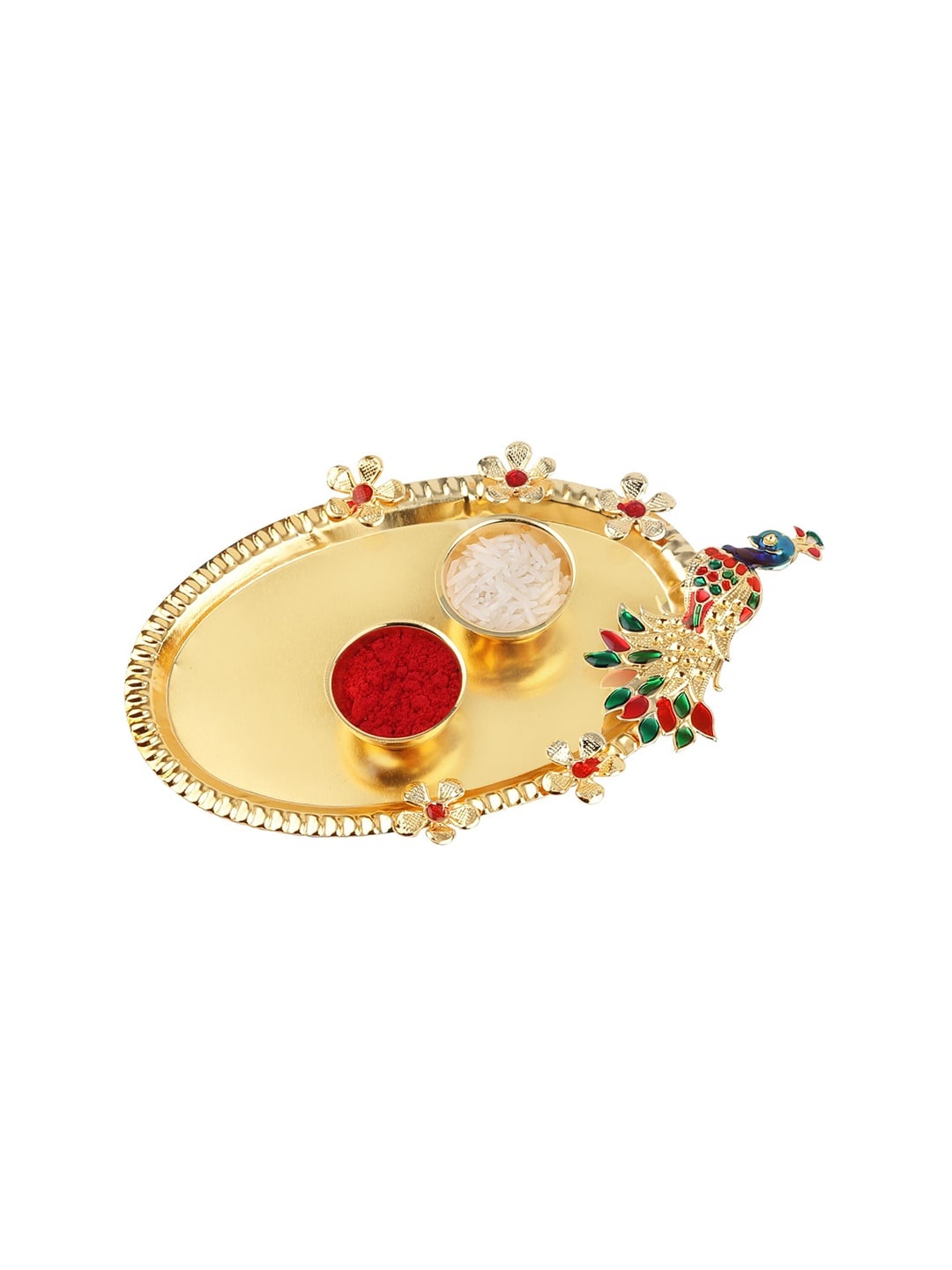

Silver Shine Set of 2 Rakhi With Pooja Thali Roli Chawal And Greeting Card, Red