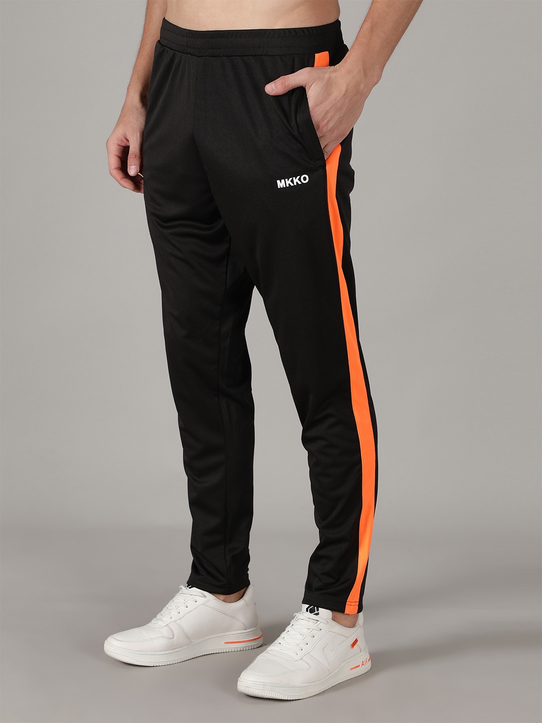 

MKKO Men Black & Orange Brand Logo Printed Slim-Fit Track Pants