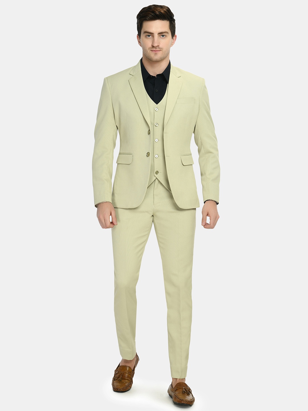 

TrulyFeb Men Green Solid Single-Breasted 3-Piece Slim-Fit Formal Suits
