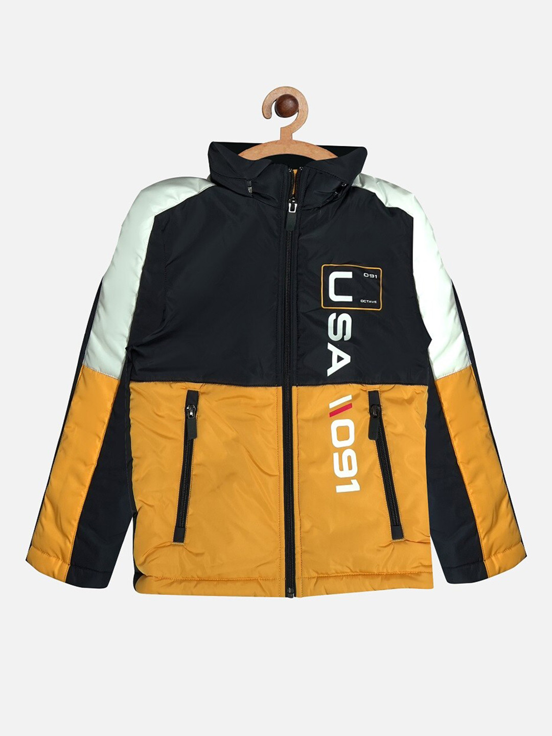 

Octave Boys Mustard Black Colourblocked Hooded Padded Jacket with Patchwork