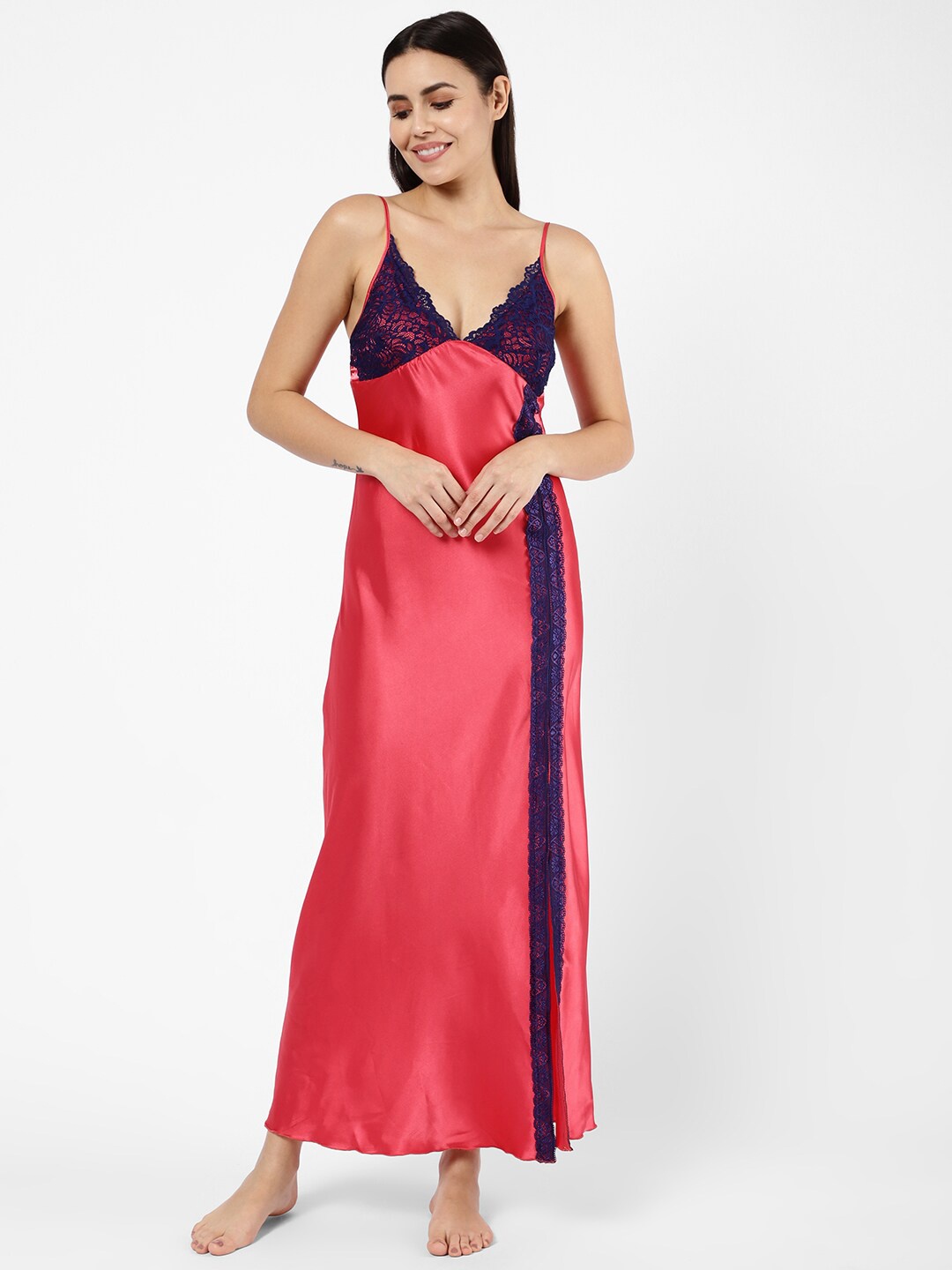 

Sweet Dreams Women Peach and Navy Blue Maxi Nightdress