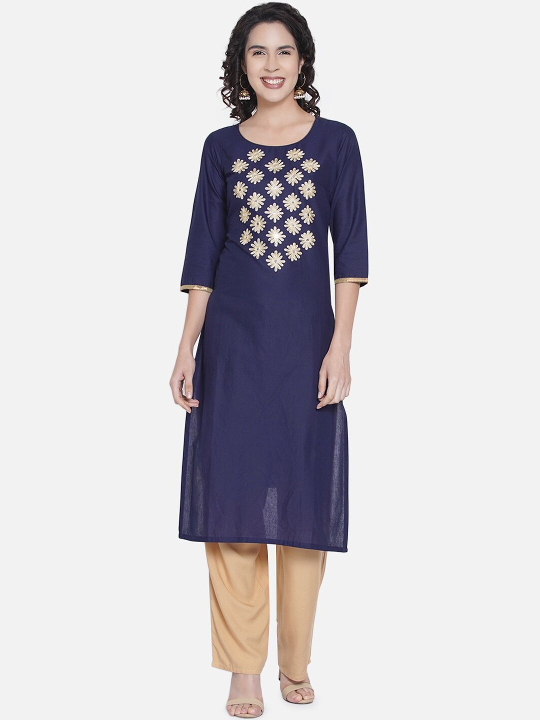 

RIYA Women Blue Floral Yoke Design Mirror Work Kurta