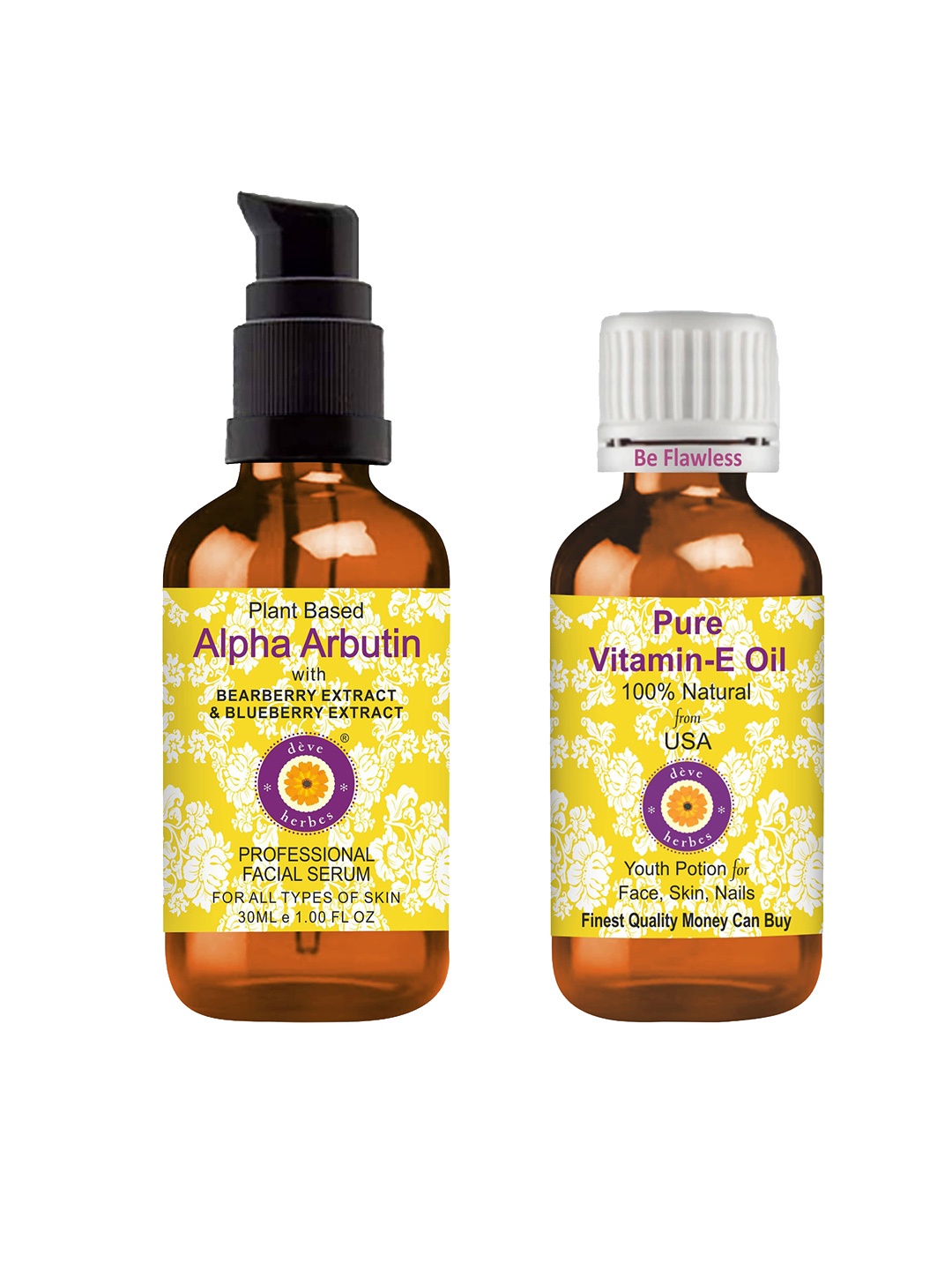 

Deve Herbes Set of Plant Based Alpha Arbutin Face Serum & Pure Vitamin E Oil - 30ml each, Yellow