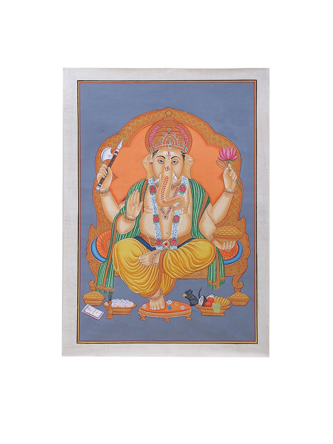 

Exotic India Lord Ganesha - Watercolor Paint on Cotton, Gold