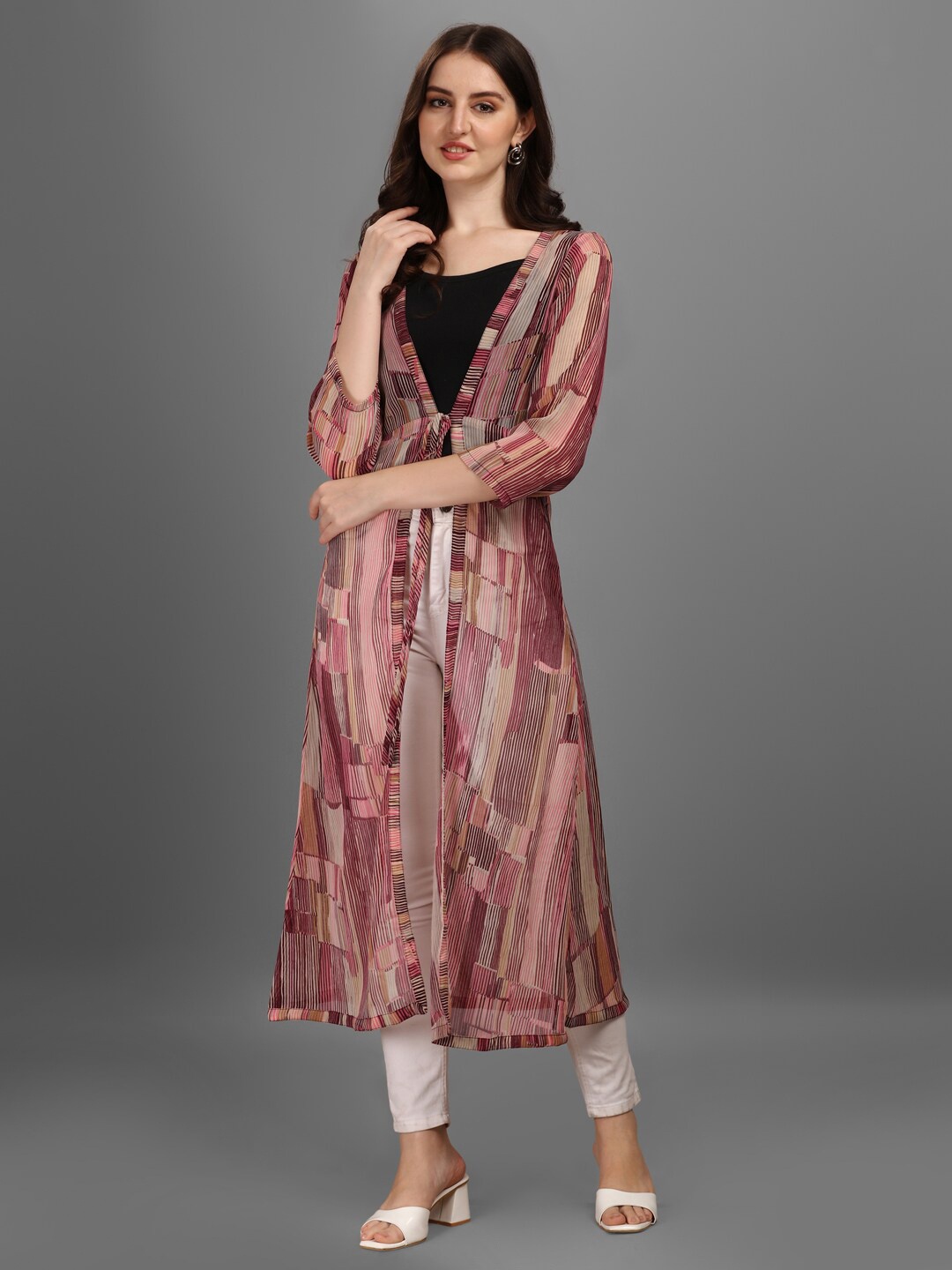 

GUFRINA Women Burgundy Printed Longline Tie-Up Shrug