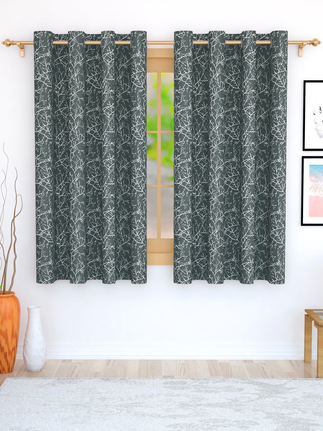 

Story@home Jacquard Grey & White Set of 2 Floral Room Darkening Window Curtain