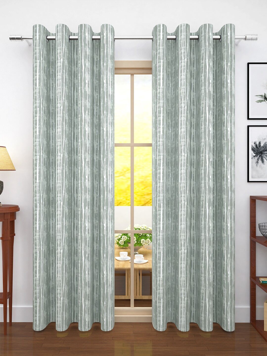 

Story@home Grey & Off White Set of 2 Striped Room Darkening Door Curtains and Sheers