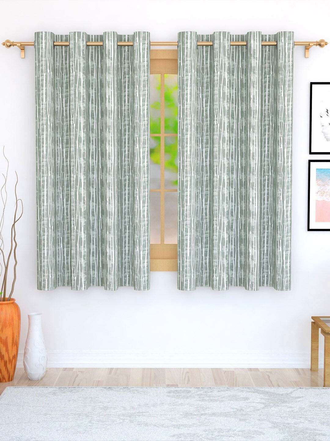 

Story@home Grey & White Set of 2 Striped Room Darkening Window Curtain
