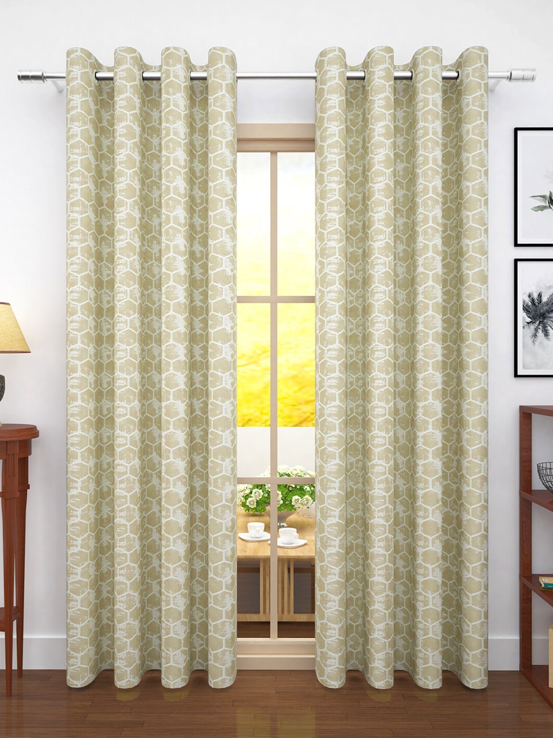 Story@home Beige & White Set of 2 Geometric Room Darkening Door Curtain