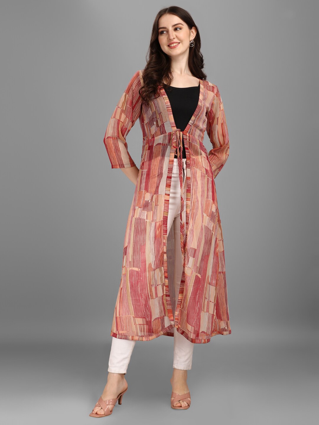

GUFRINA Women Brown Printed Longline Tie-Up Shrug