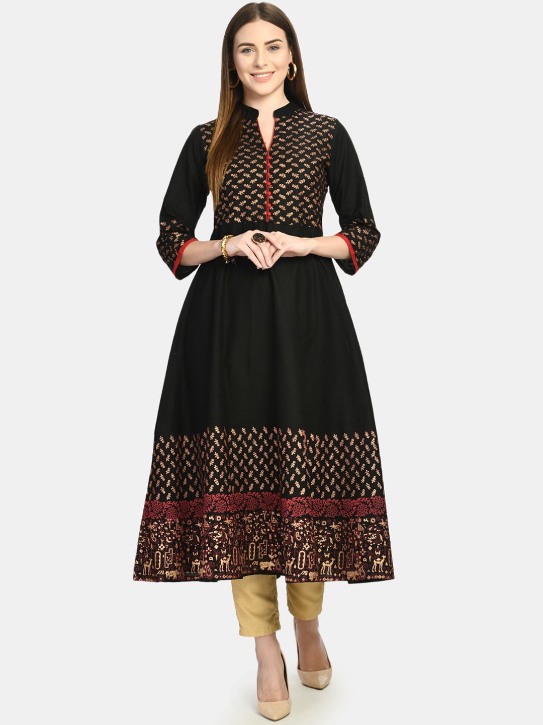 

RIYA Women Black Ethnic Motifs Yoke Design Block Print Anarkali Kurta