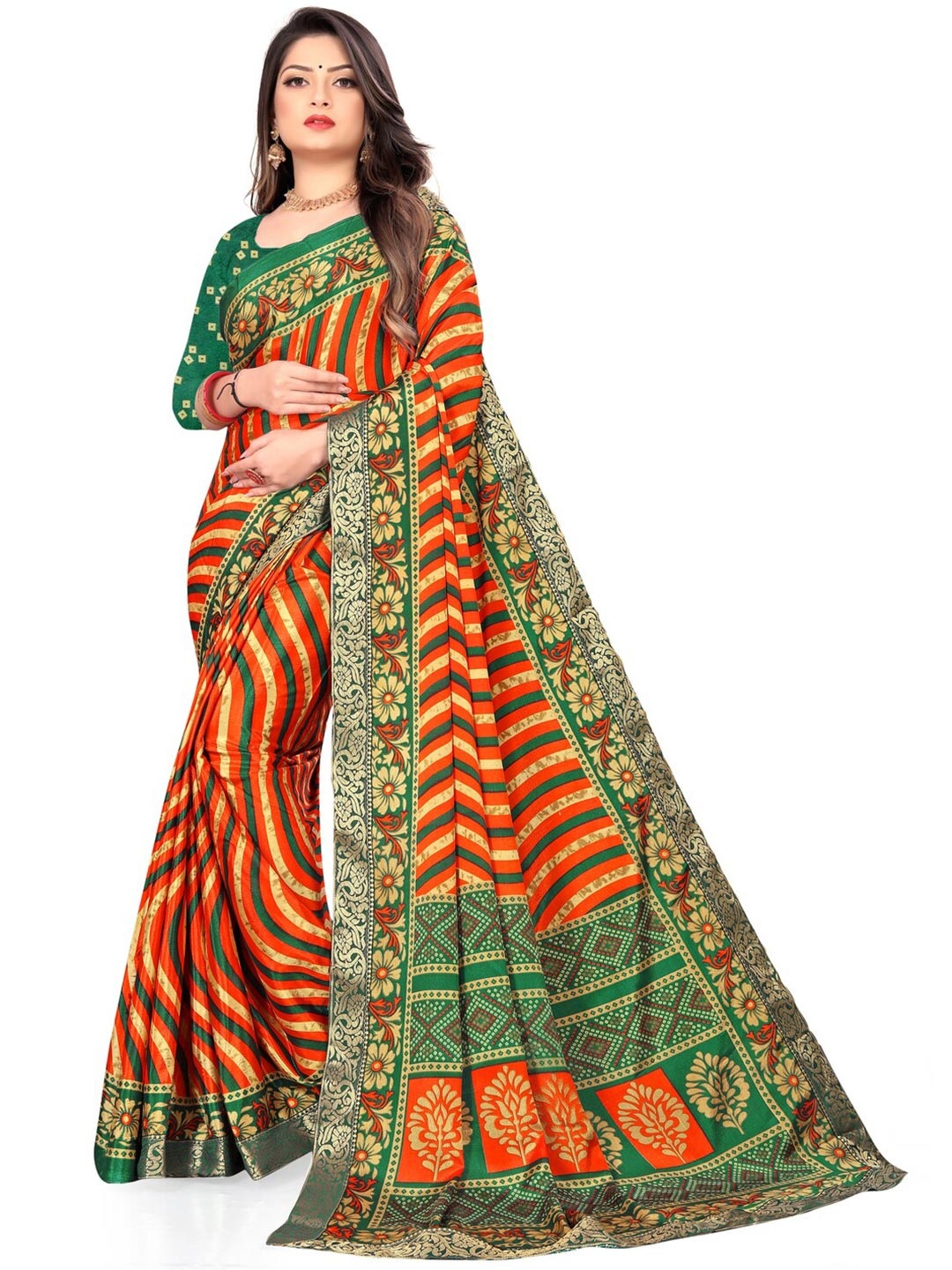

LAHEJA Orange & Green Floral Silk Blend Saree